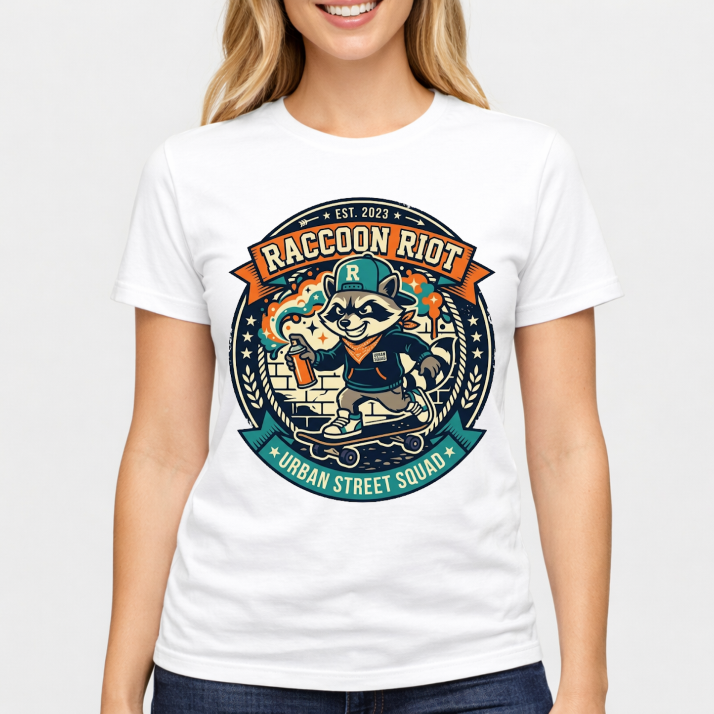 Raccoon Skate Crew T-Shirt — "R" Streetwear Badge Graphic