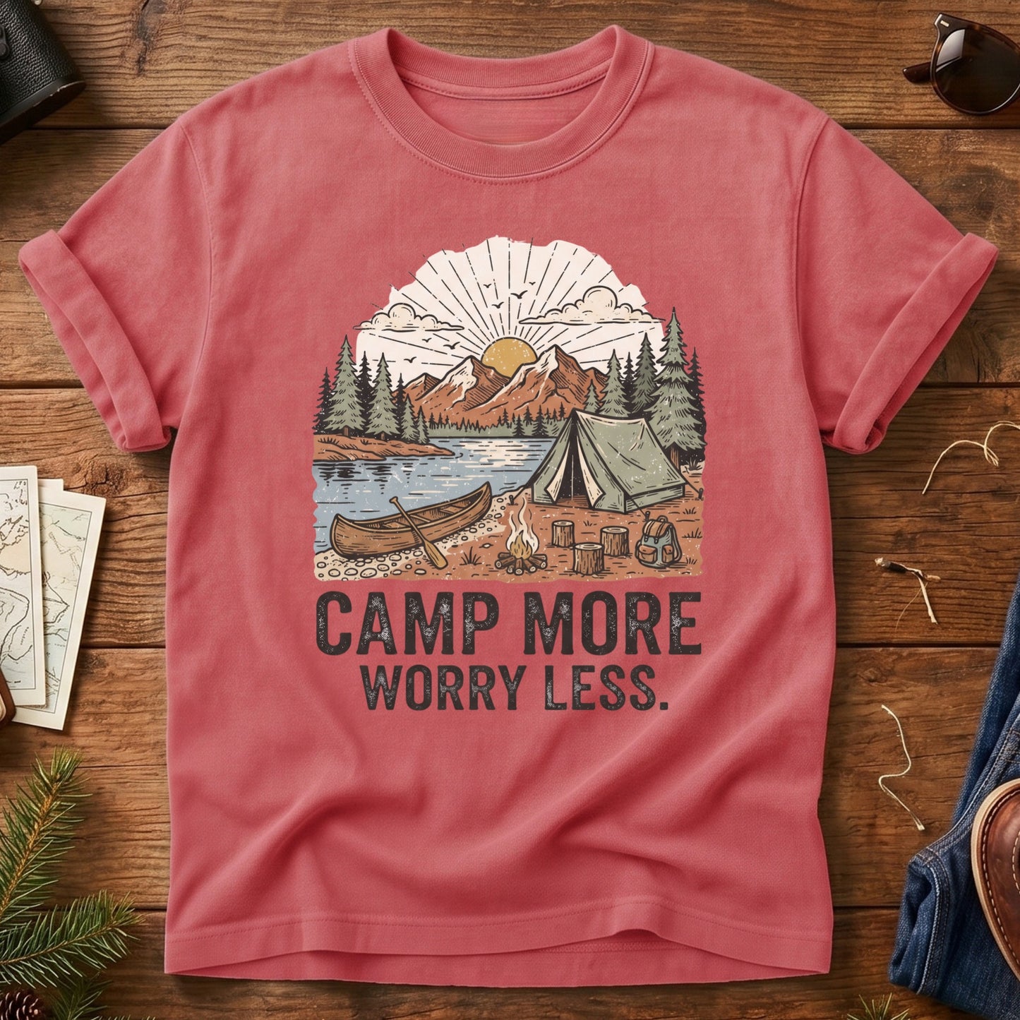Camp More Worry Less Tee – styled flat lay, lakeside campsite graphic