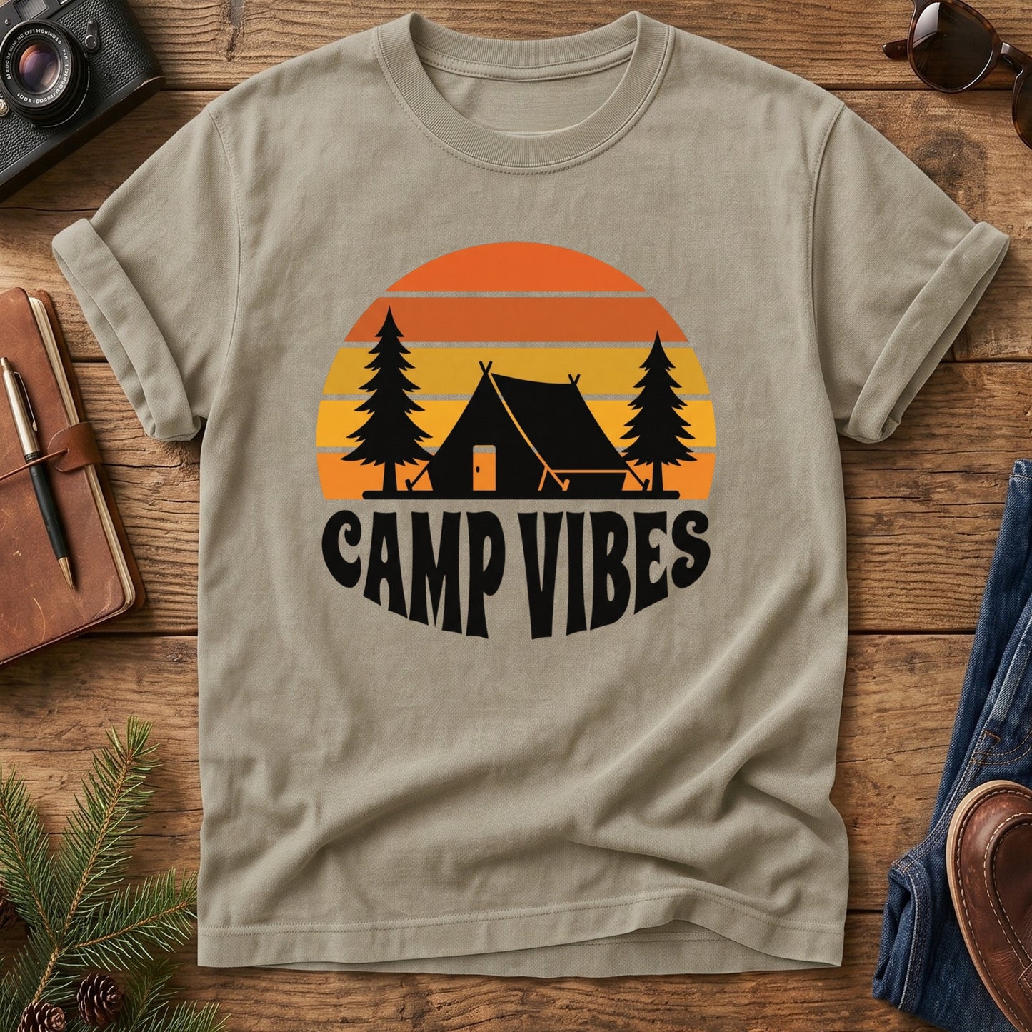 Camp Vibes Camping Tee – styled outdoor lifestyle photo