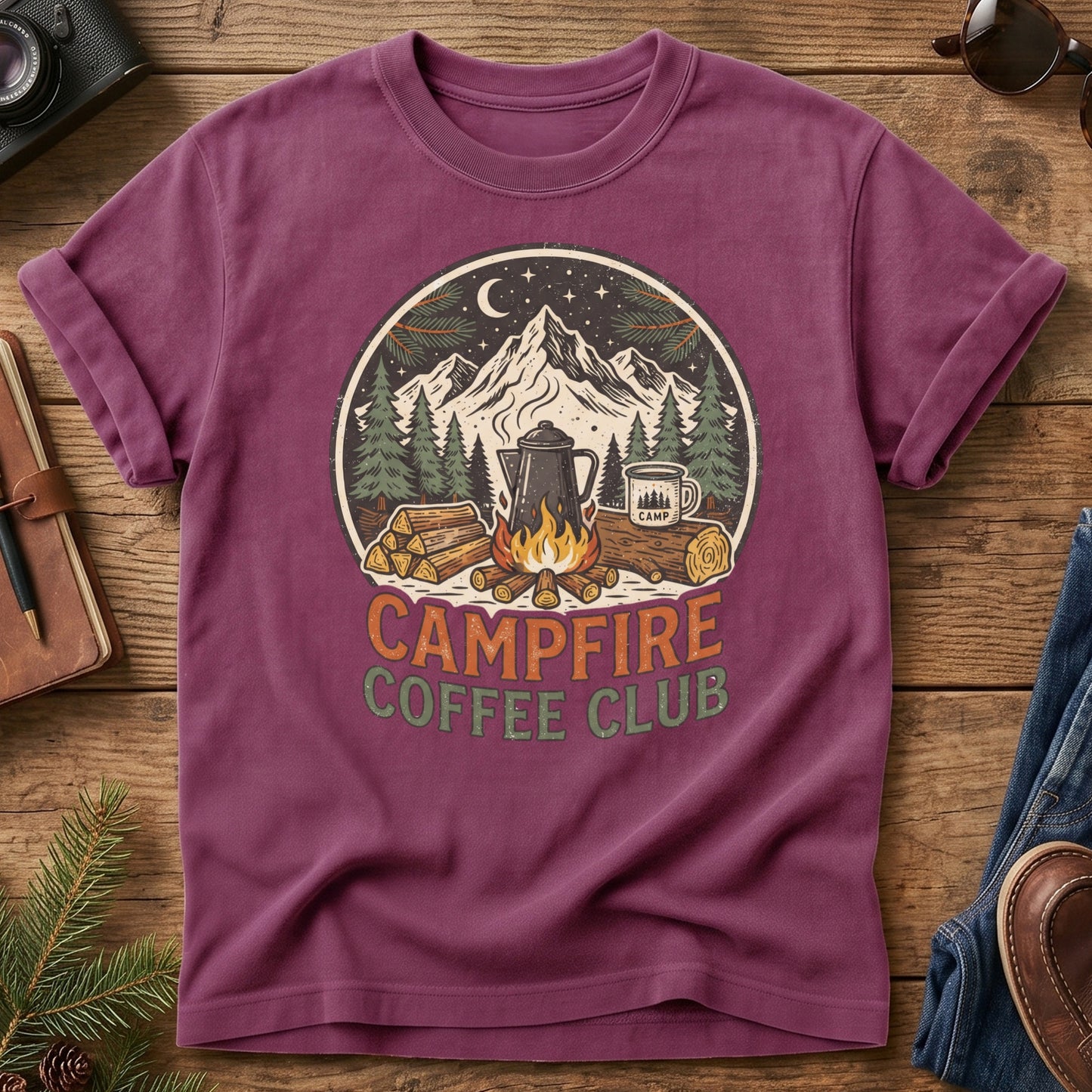 Campfire Coffee Club Tee – styled flat lay, camp coffee badge graphic