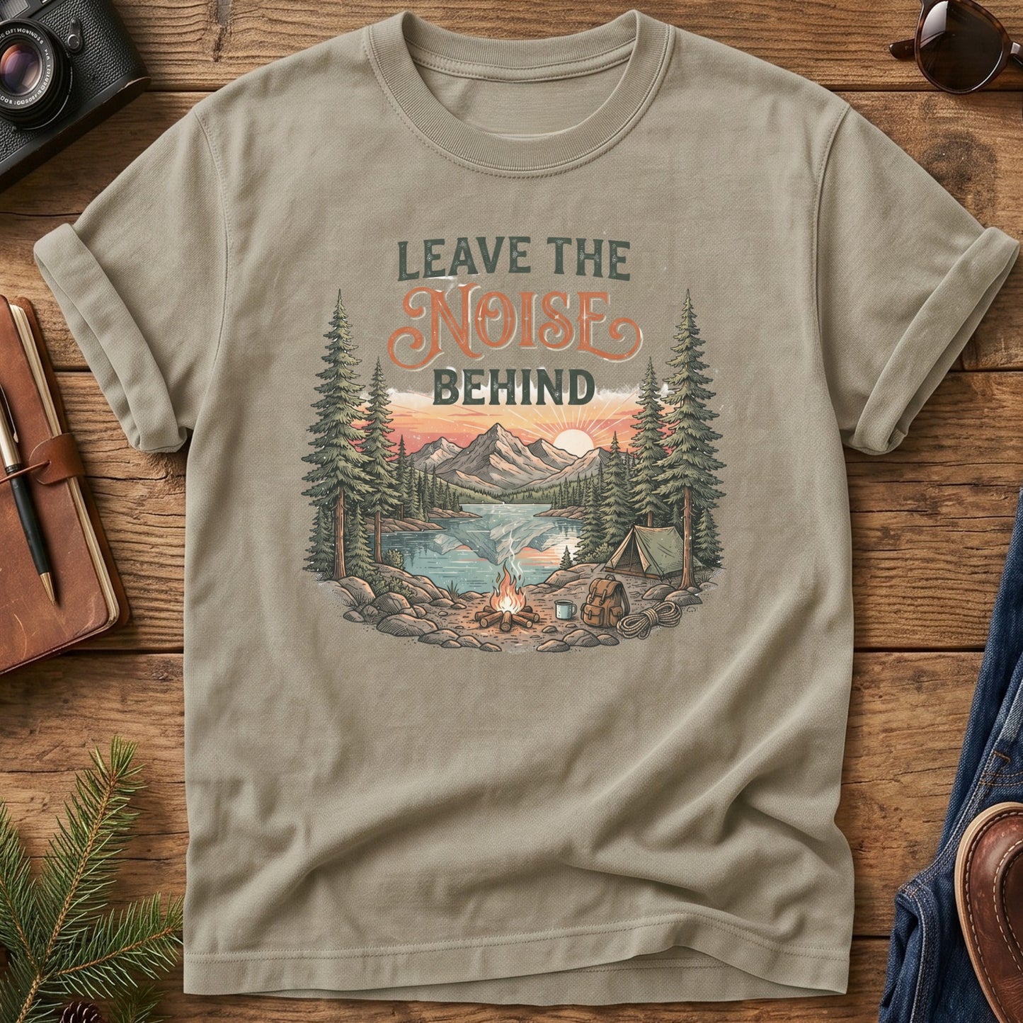 Leave the Noise Behind Tee – lakeside campsite with tent and campfire graphic close-up on Comfort Colors 1717 tee