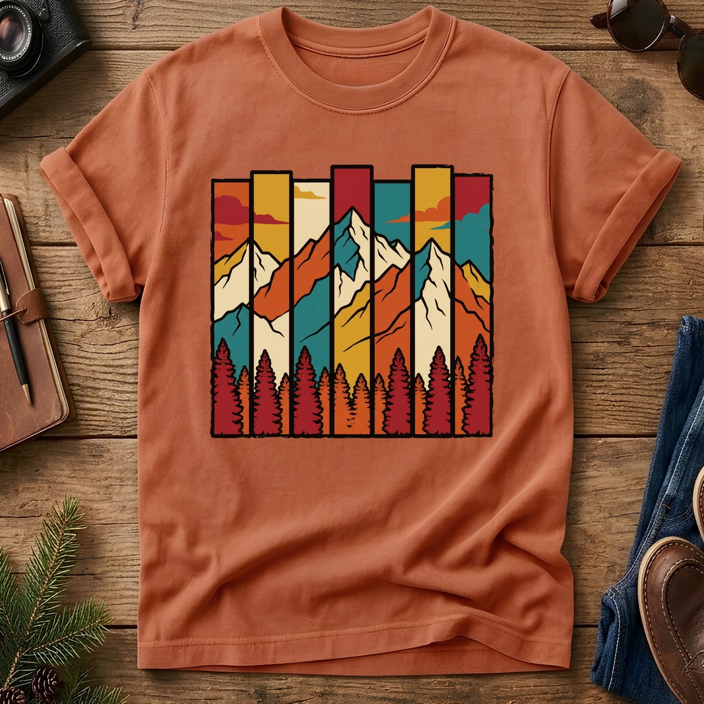Geometric Mountain Peaks Tee – lifestyle photo, garment-dyed Comfort Colors tee