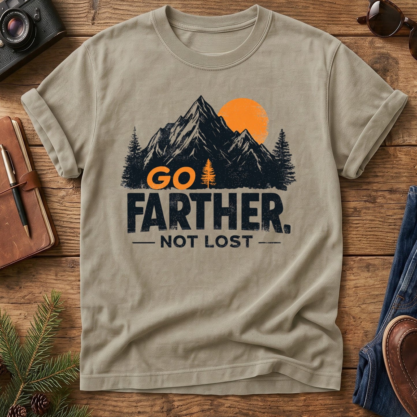 Go Farther Not Lost Tee – styled outdoor lifestyle photo