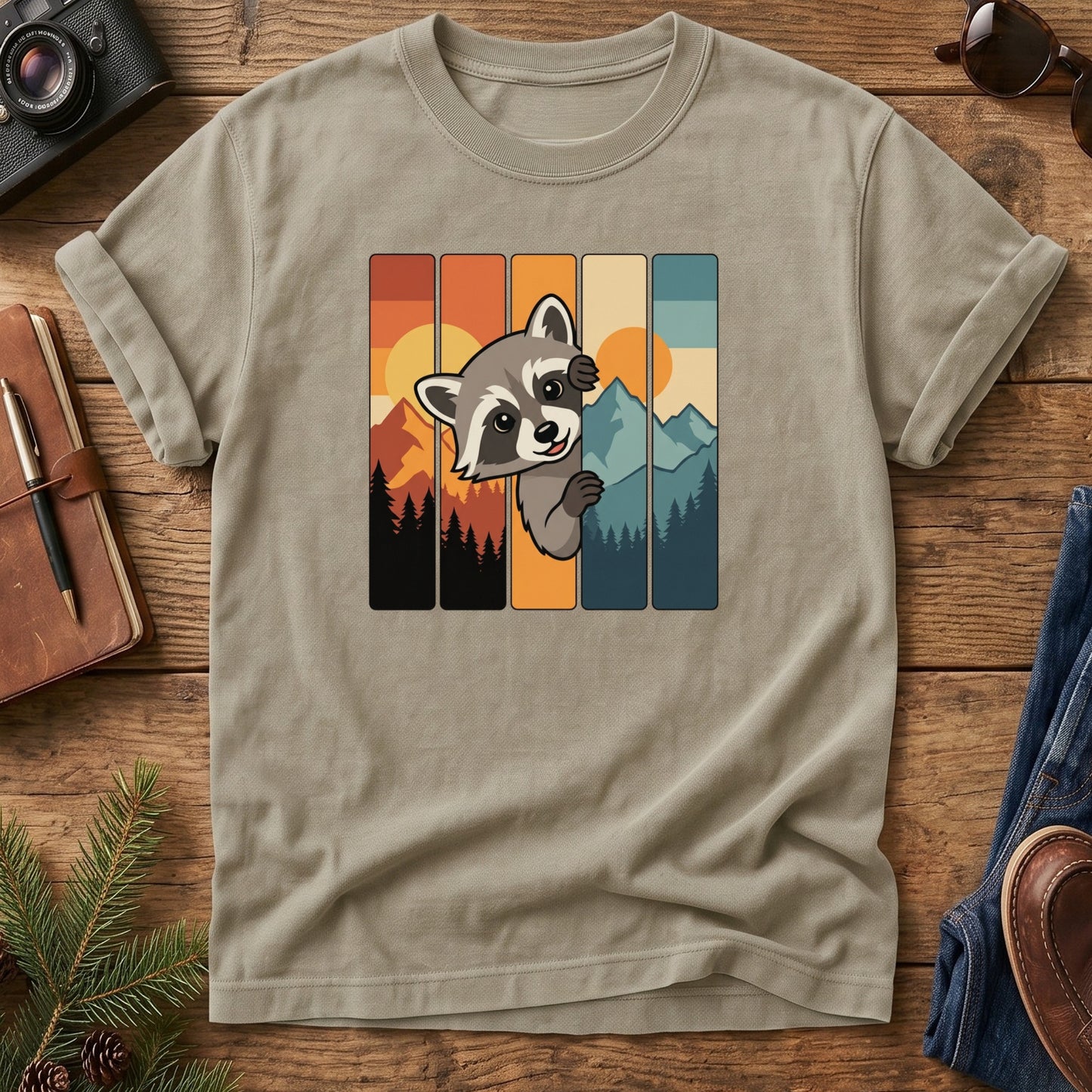 Mountain Raccoon Adventure Tee – styled outdoor lifestyle photo