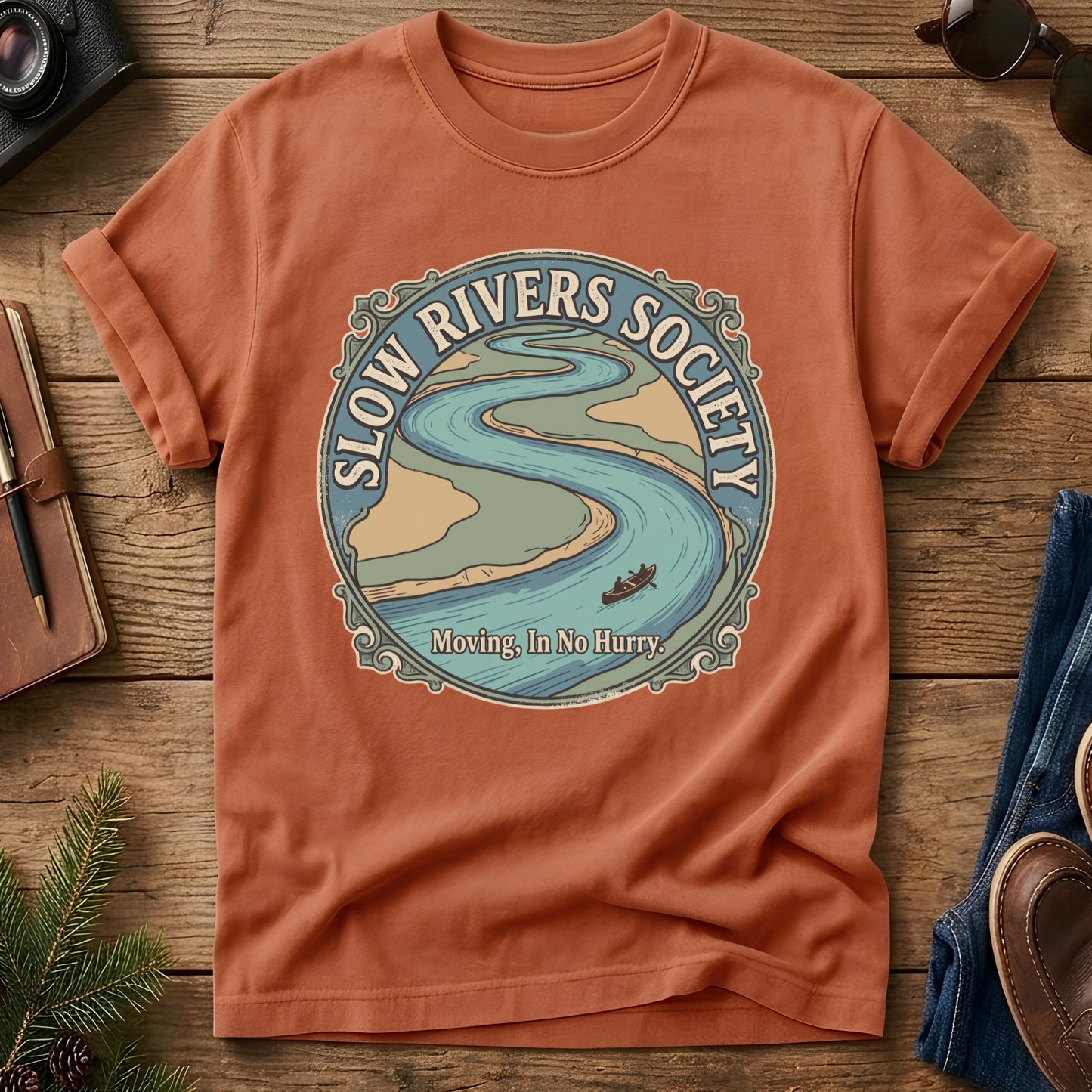 Slow Rivers Society Tee – river and canoe badge graphic tee, product photo 7
