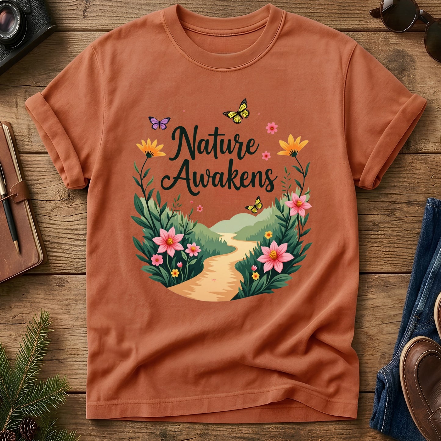 Nature Awakens Tee – close-up of nature awakens artwork
