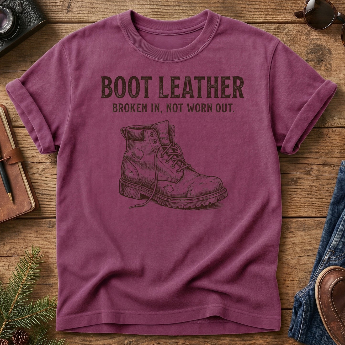 Not Worn Out Tee – broken-in hiking boot graphic tee, product photo 8