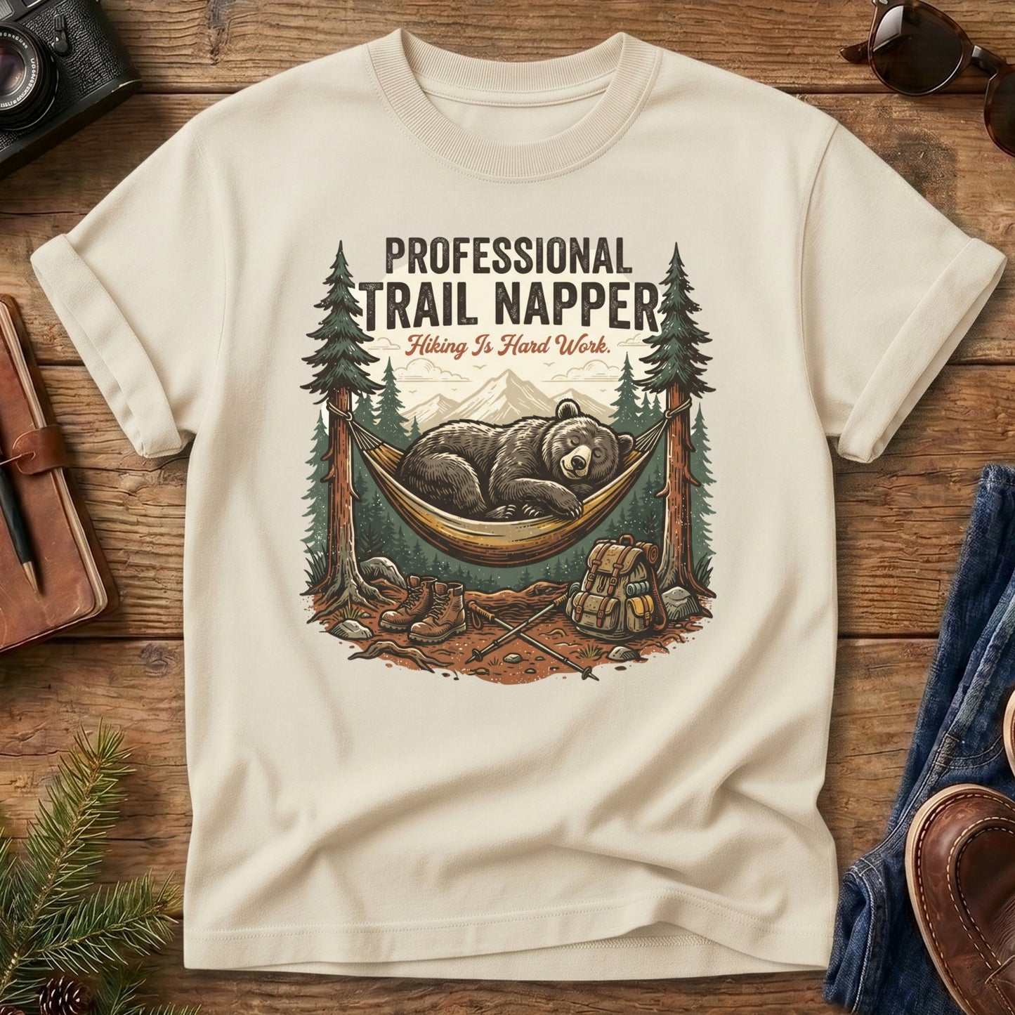 Professional Trail Napper Tee – styled flat lay, napping bear graphic