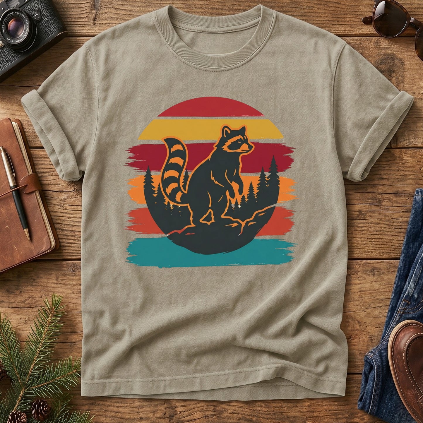 Raccoon Wilderness Adventure Tee – styled outdoor lifestyle photo