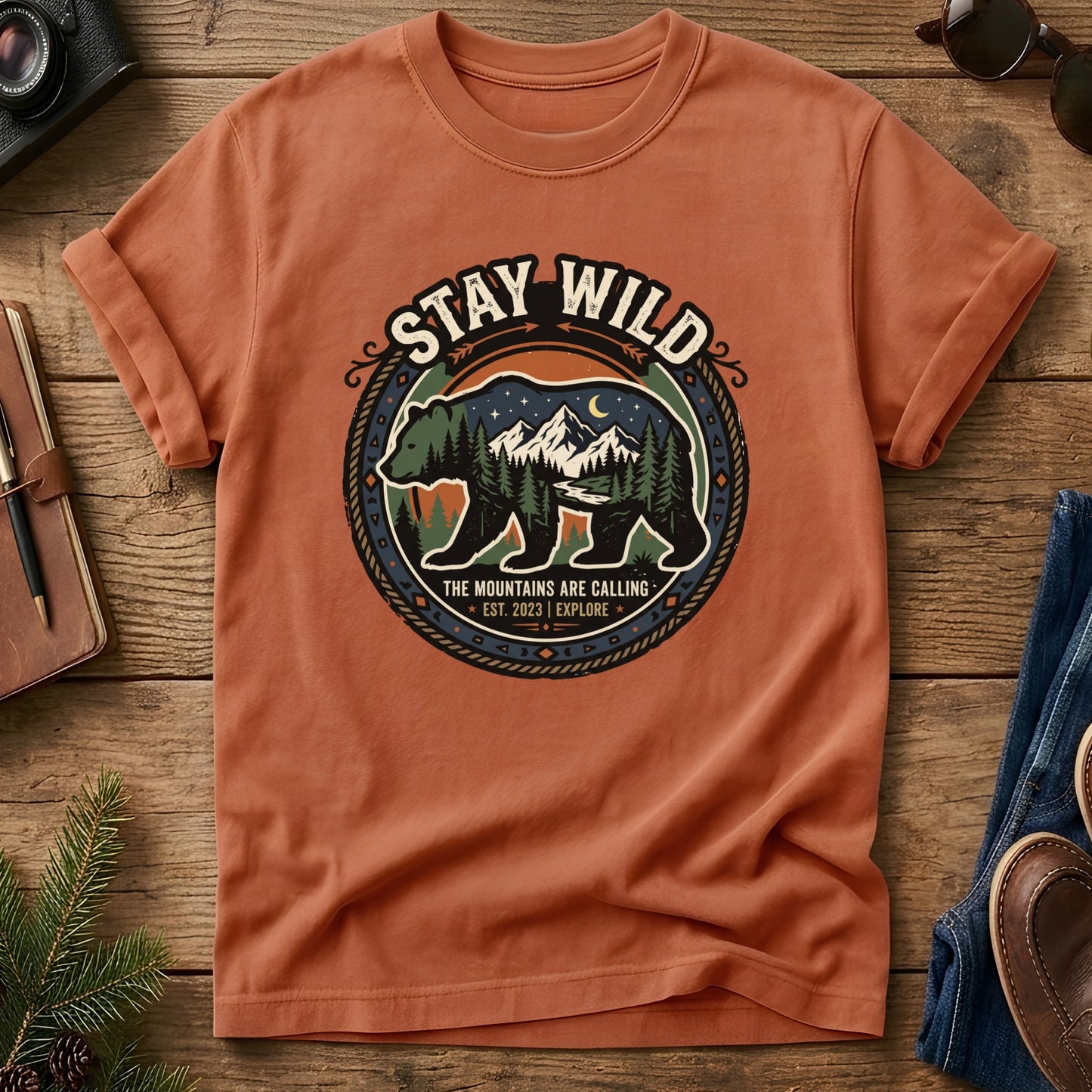 Stay Wild Tee – bear and mountain badge graphic tee, product photo 5