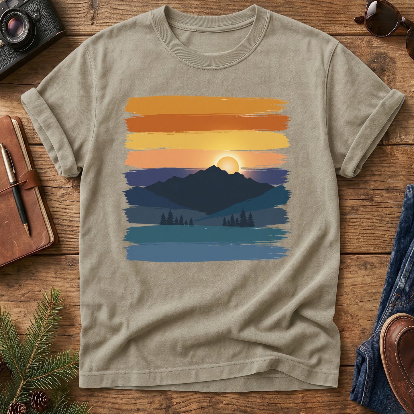 Sunset Lake Reflections Tee – folded flat lay of garment-dyed Comfort Colors fabric