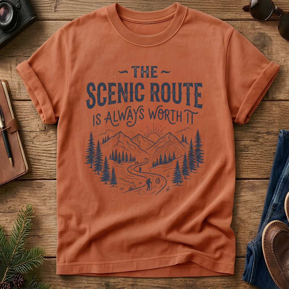 The Scenic Route Is Always Worth It Tee – hiker on winding mountain trail graphic on Comfort Colors 1717 tee, flat lay