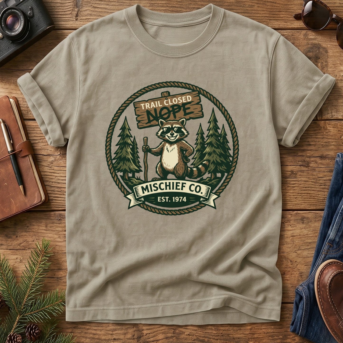 Trail Closed, Nope – Raccoon Tee – folded flat lay of Softstyle fabric