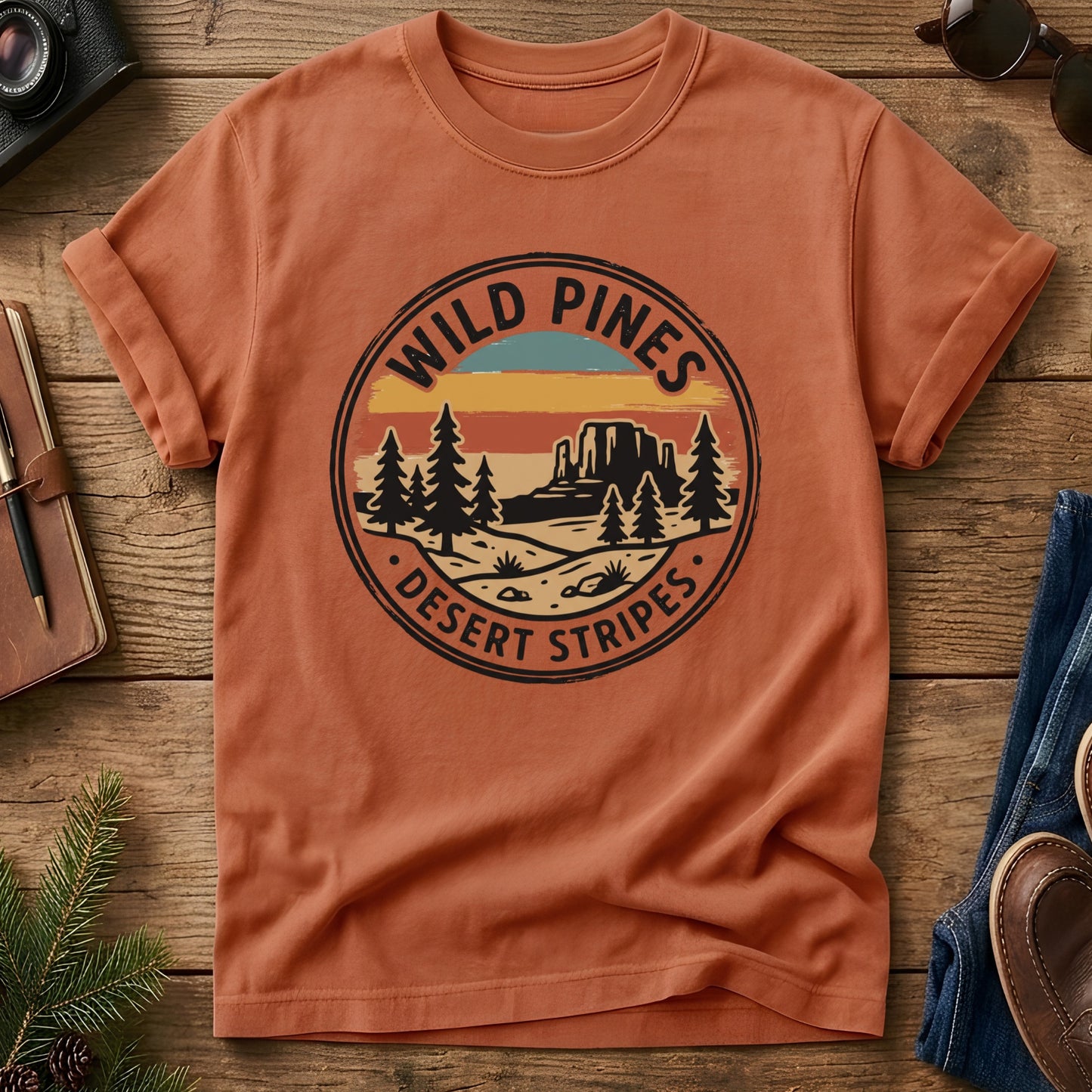 Wild Pines Desert Stripes Tee – lifestyle photo, garment-dyed Comfort Colors tee