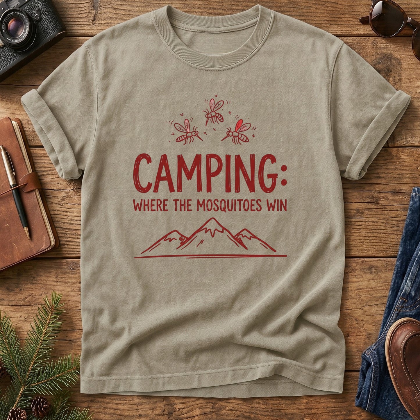 Camping Where the Mosquitoes Win Tee – folded flat lay of Softstyle fabric