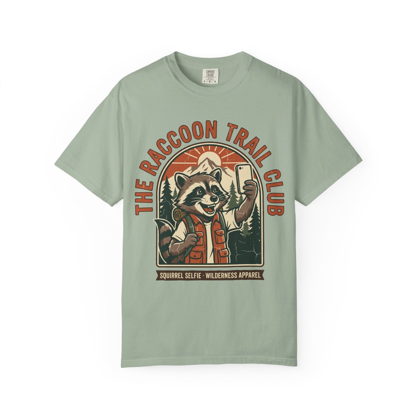 The Raccoon Trail Club Selfie Shirt in Bay — Raccoon Trail Club vintage badge design, raccoon taking a selfie