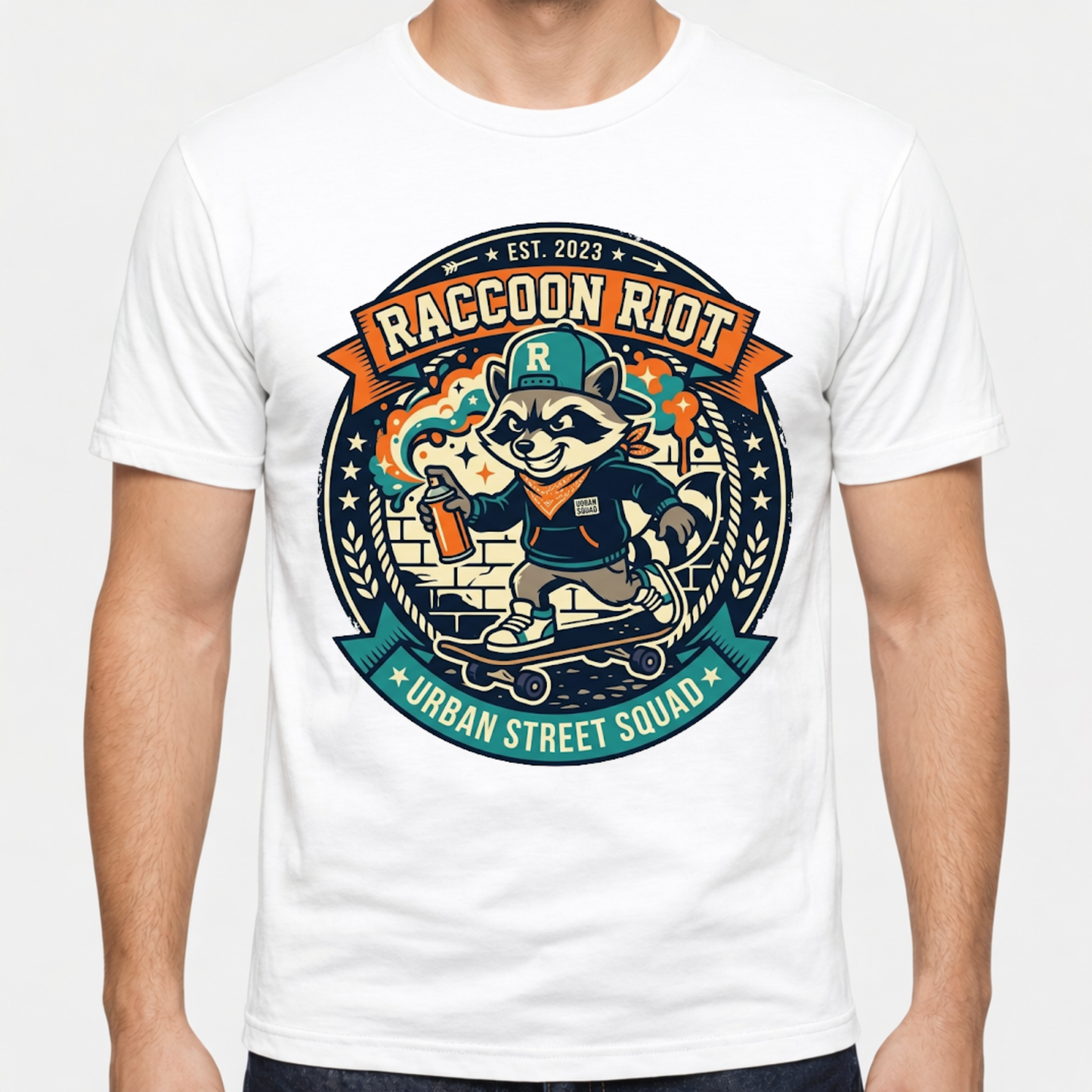 Raccoon Skate Crew T-Shirt — "R" Streetwear Badge Graphic