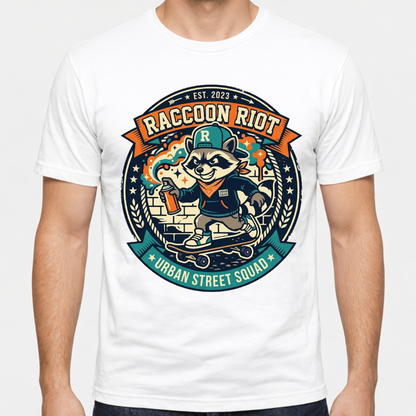 Raccoon Skate Crew T-Shirt — "R" Streetwear Badge Graphic
