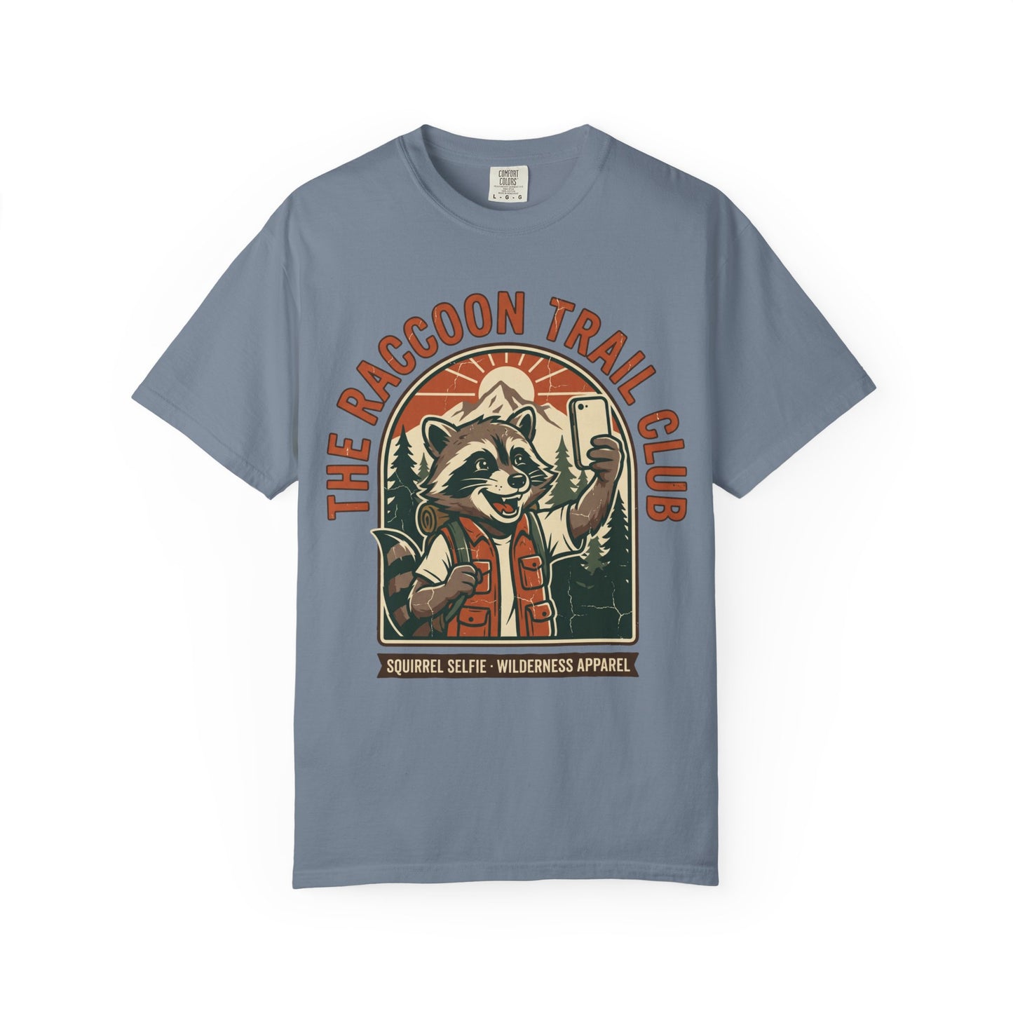 The Raccoon Trail Club Selfie Shirt in Blue Jean — Raccoon Trail Club vintage badge design, raccoon taking a selfie