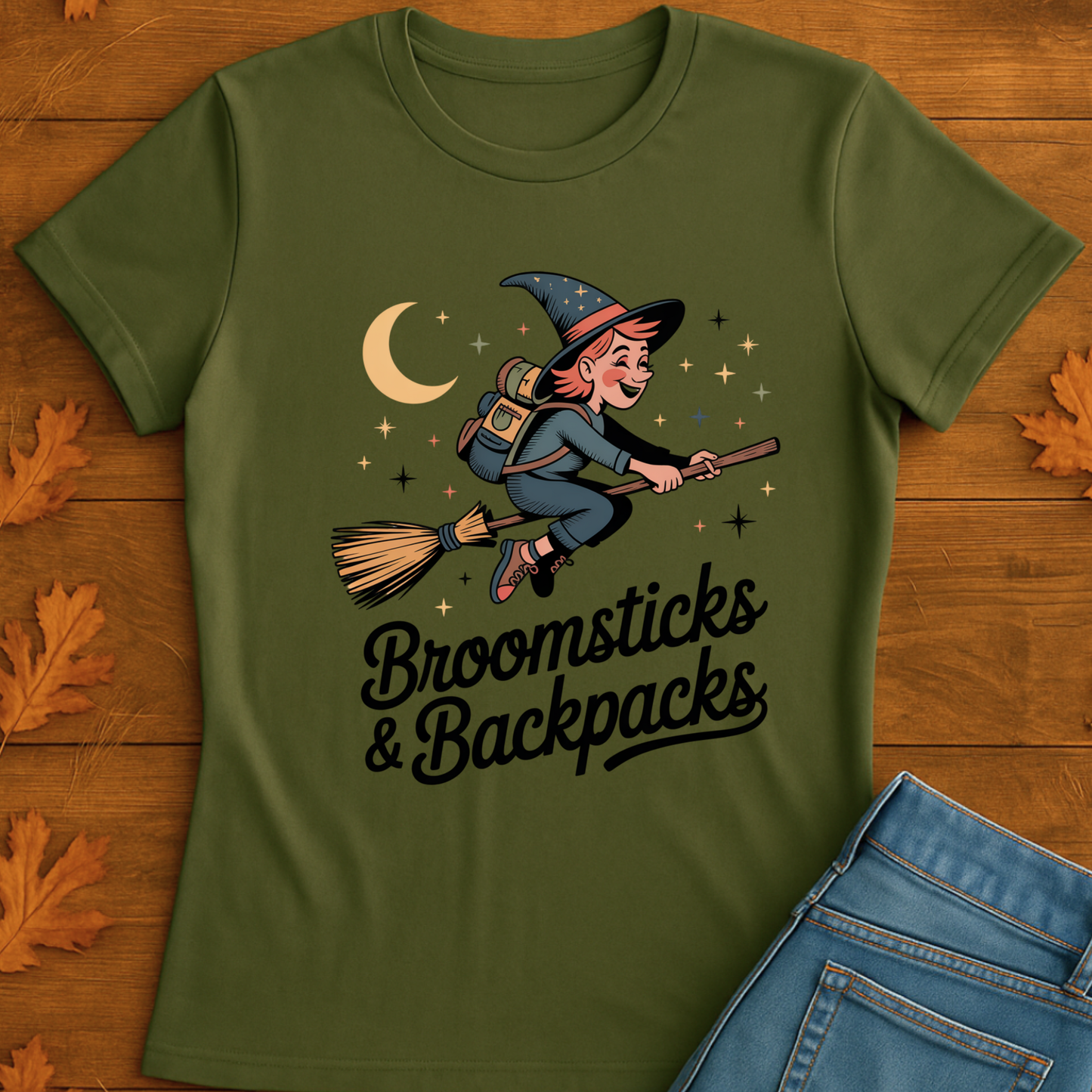 Witchy T-Shirt Broomsticks & Backpacks Funny Retro Design