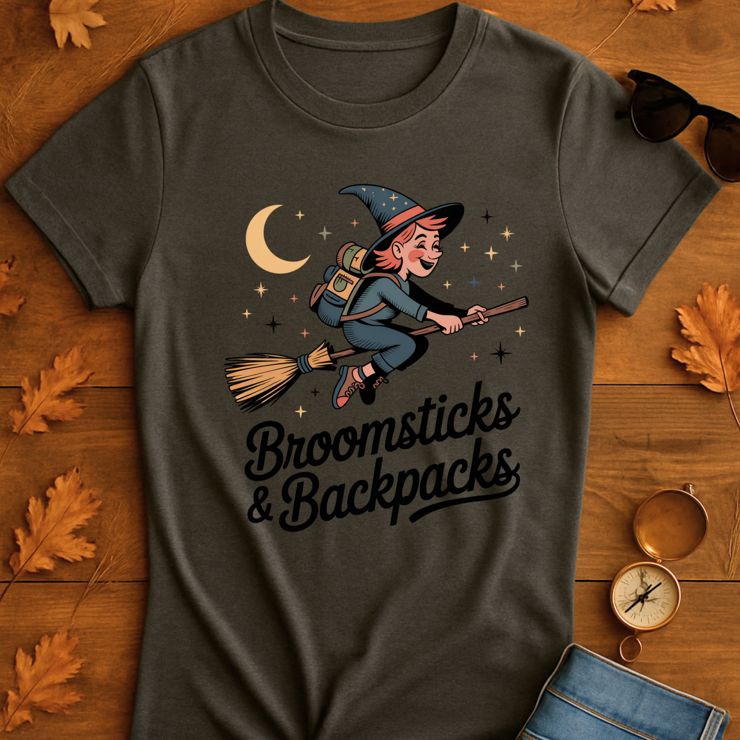 Witchy T-Shirt Broomsticks & Backpacks Funny Retro Design