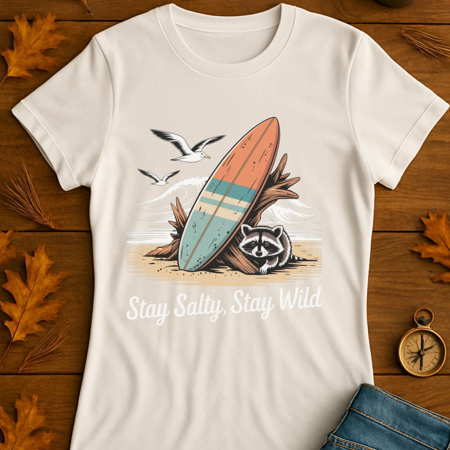 Surfboard Raccoon Softstyle T-Shirt