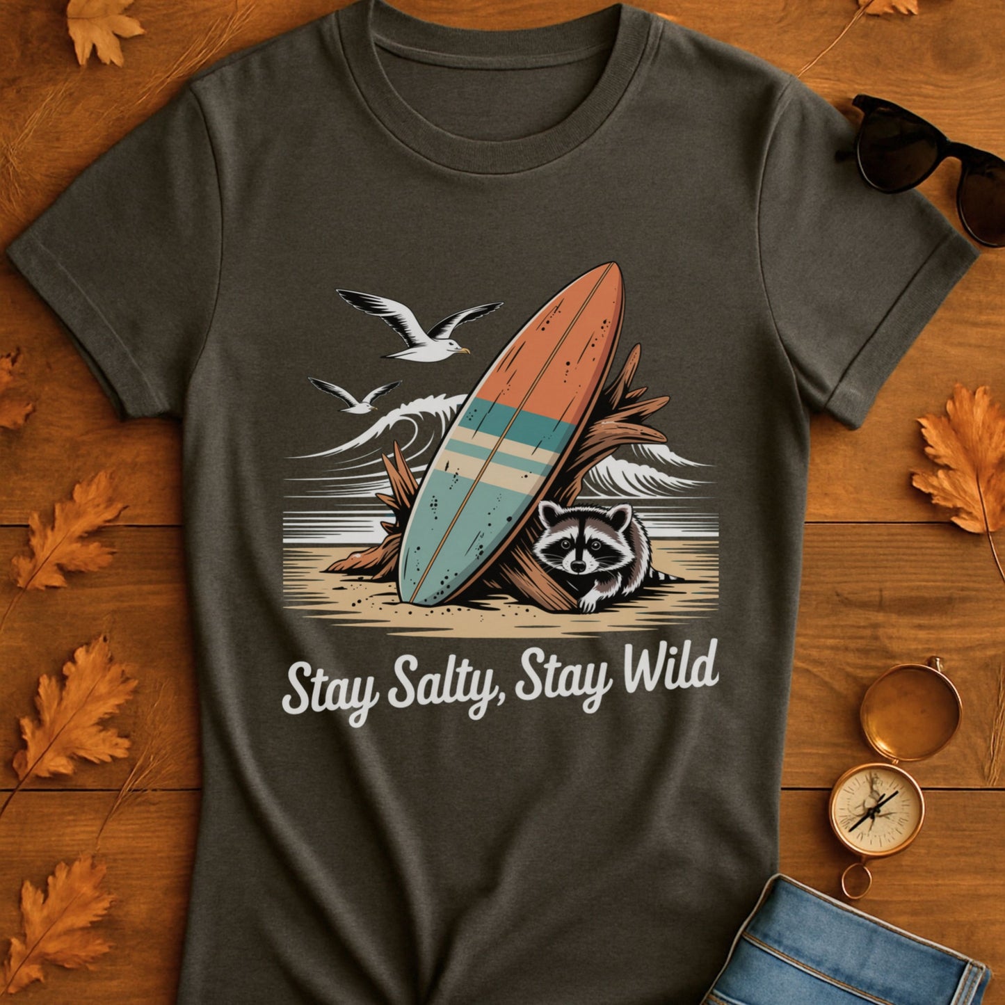 Surfboard Raccoon Softstyle T-Shirt