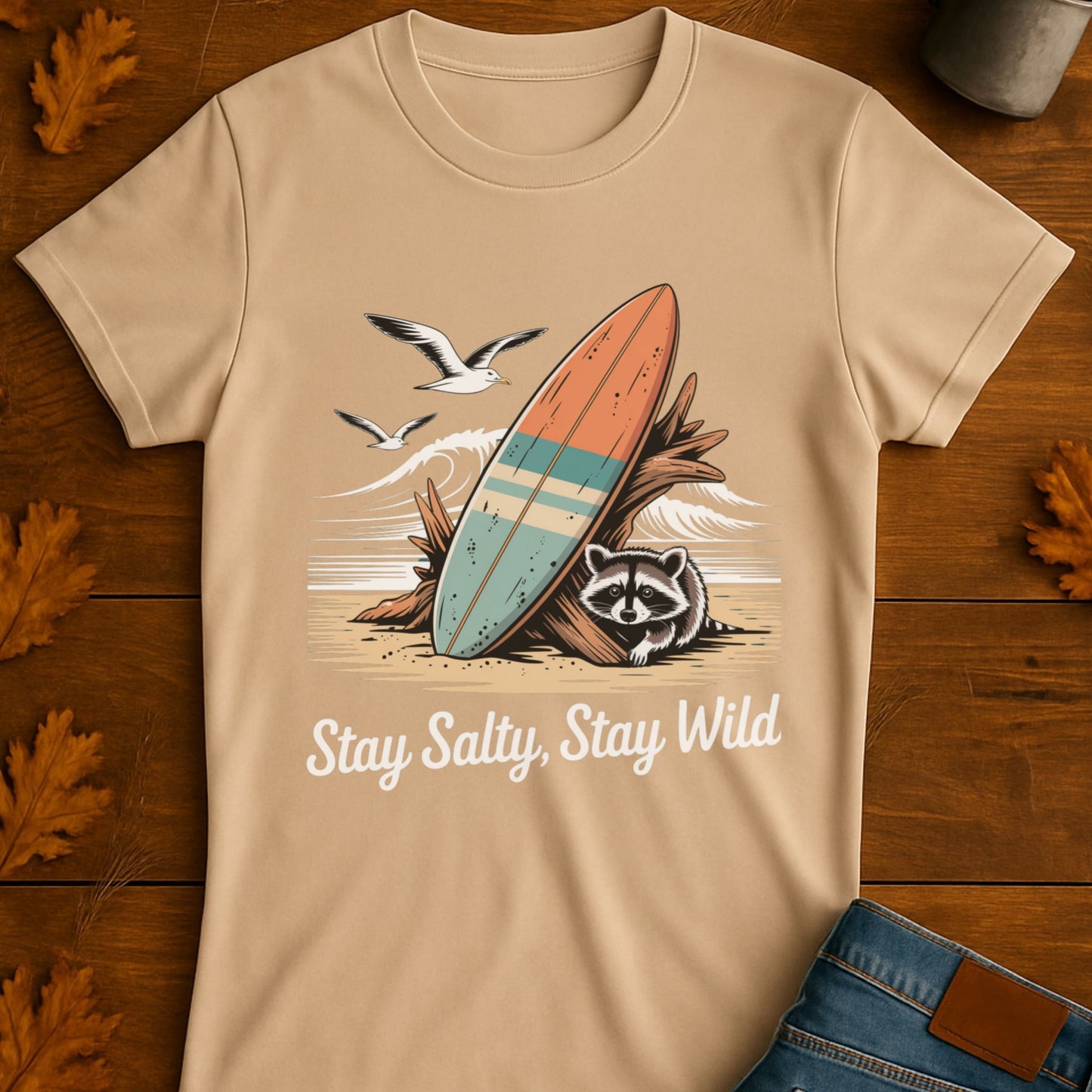 Surfboard Raccoon Softstyle T-Shirt