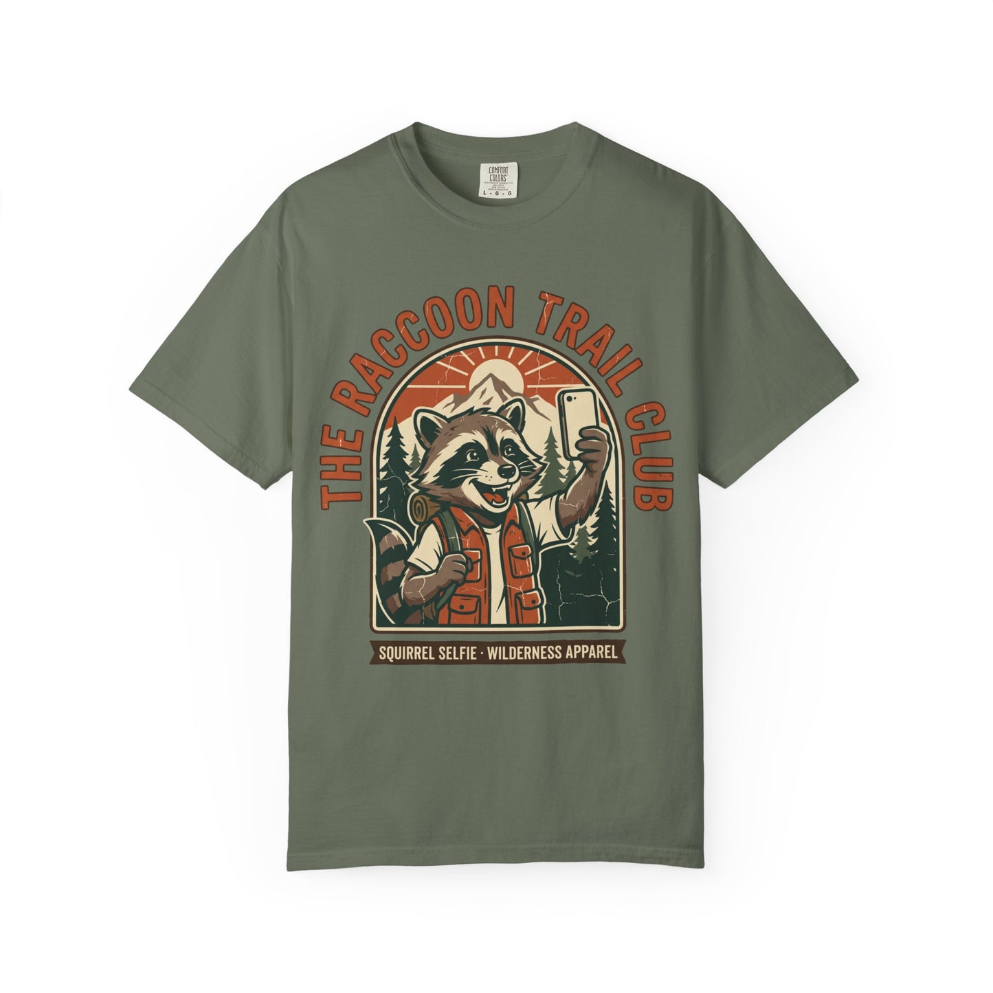 The Raccoon Trail Club Selfie Shirt in Moss — Raccoon Trail Club vintage badge design, raccoon taking a selfie