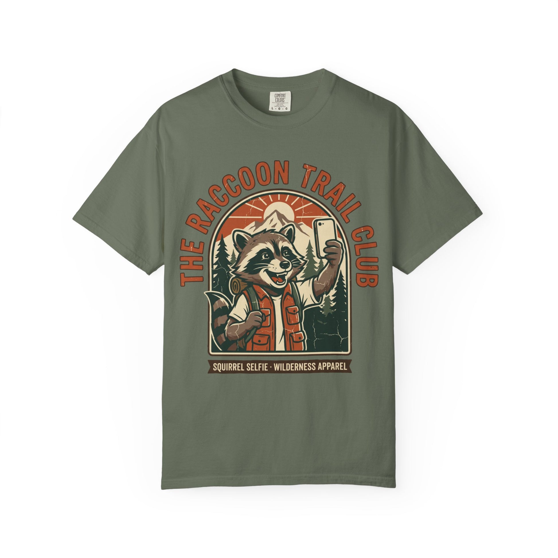 The Raccoon Trail Club Selfie Shirt in Moss — Raccoon Trail Club vintage badge design, raccoon taking a selfie