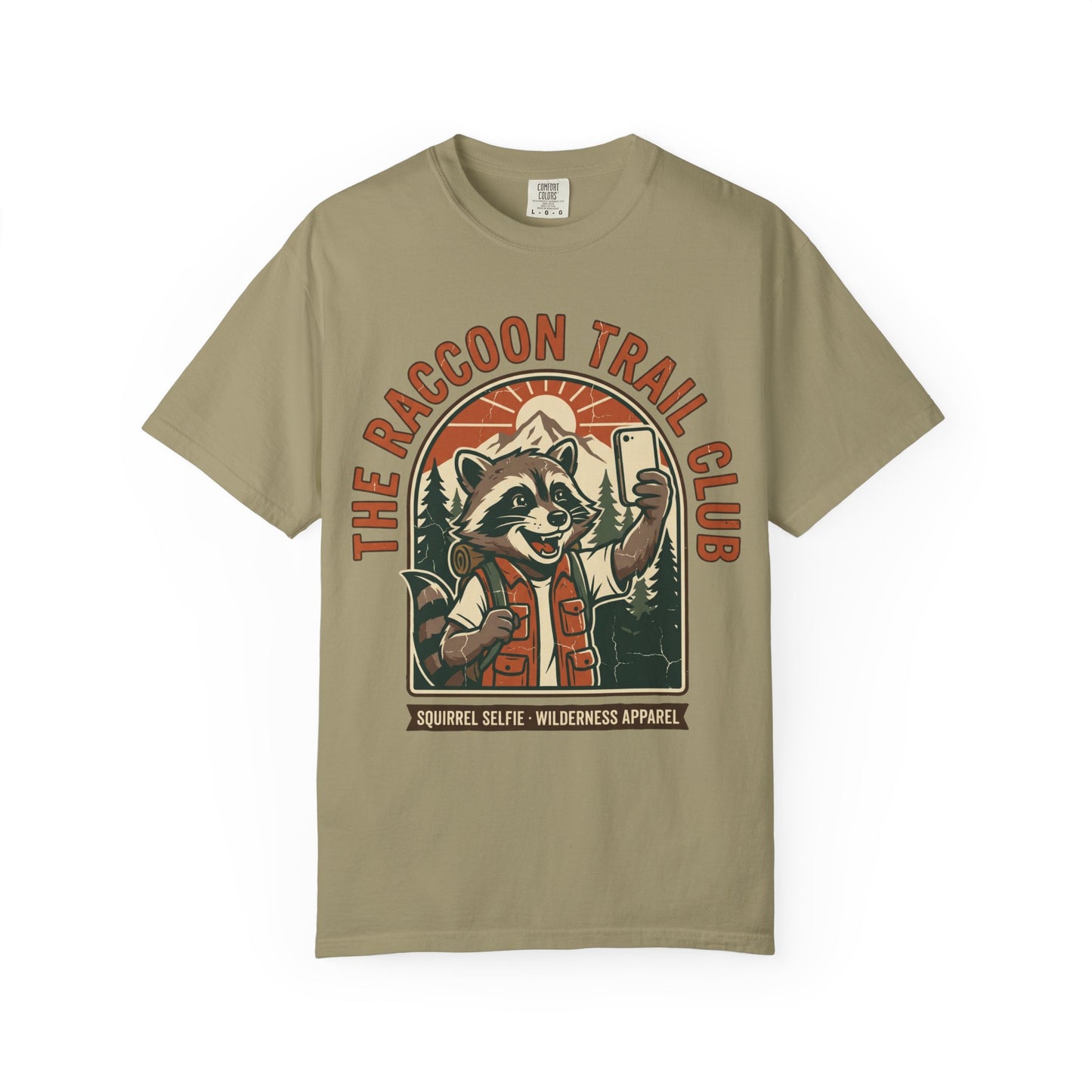 The Raccoon Trail Club Selfie Shirt in Khaki — Raccoon Trail Club vintage badge design, raccoon taking a selfie