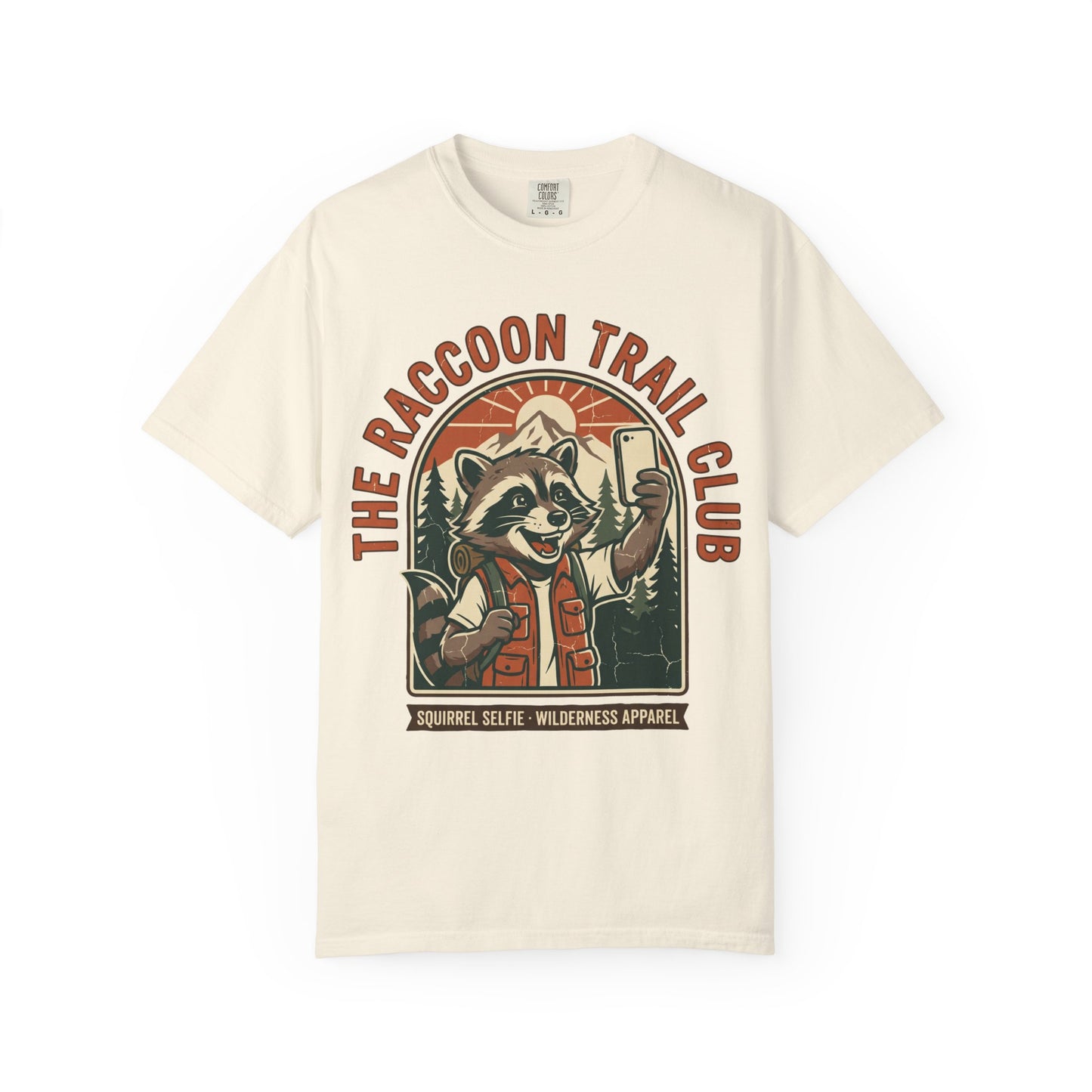 The Raccoon Trail Club Selfie Shirt in Ivory — Raccoon Trail Club vintage badge design, raccoon taking a selfie