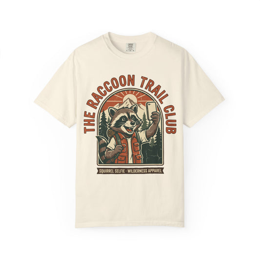 The Raccoon Trail Club Selfie Shirt in Ivory — Raccoon Trail Club vintage badge design, raccoon taking a selfie