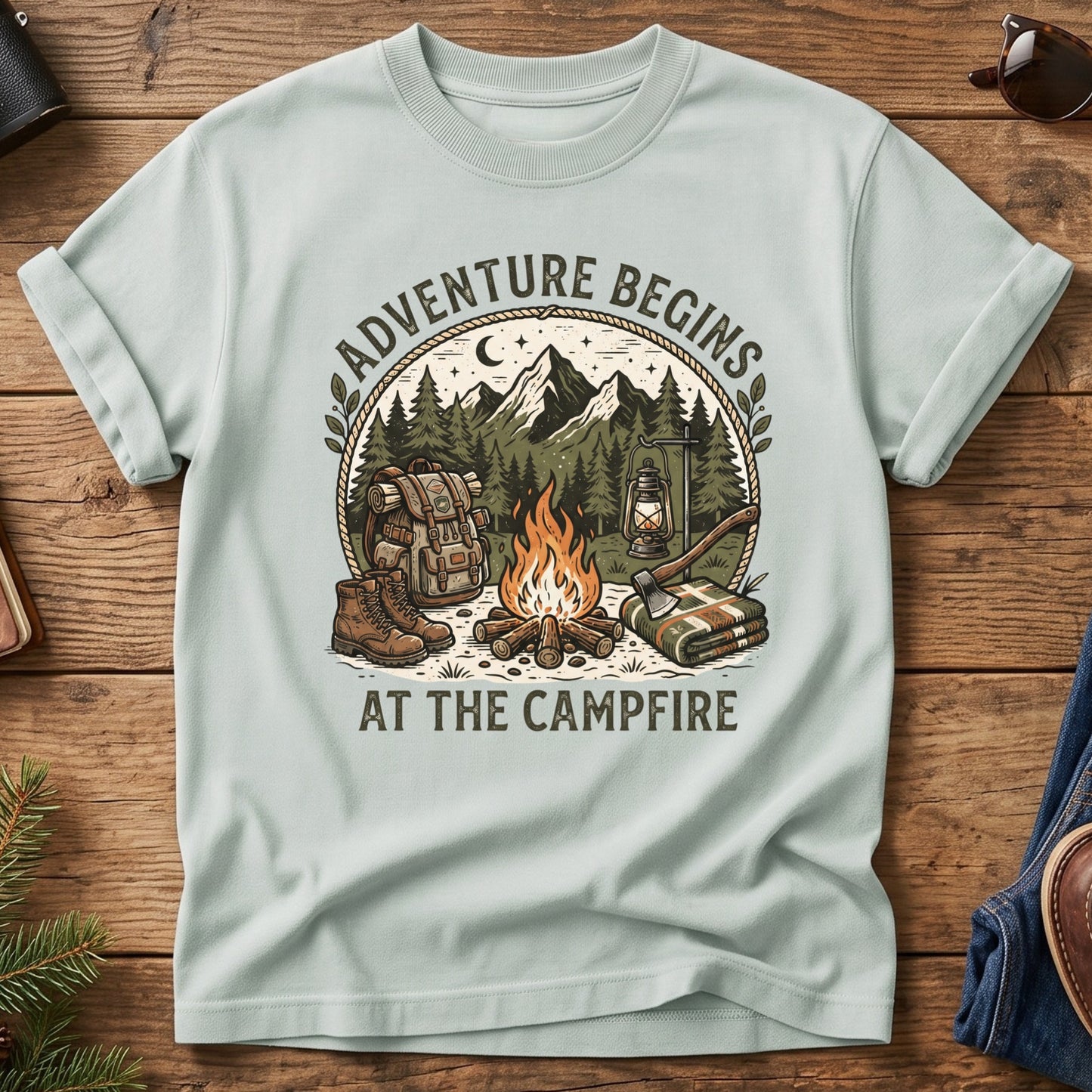 Adventure Begins Tee – Bay flat lay, campfire badge graphic