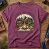 Adventure Begins Tee – Berry flat lay, campfire badge graphic
