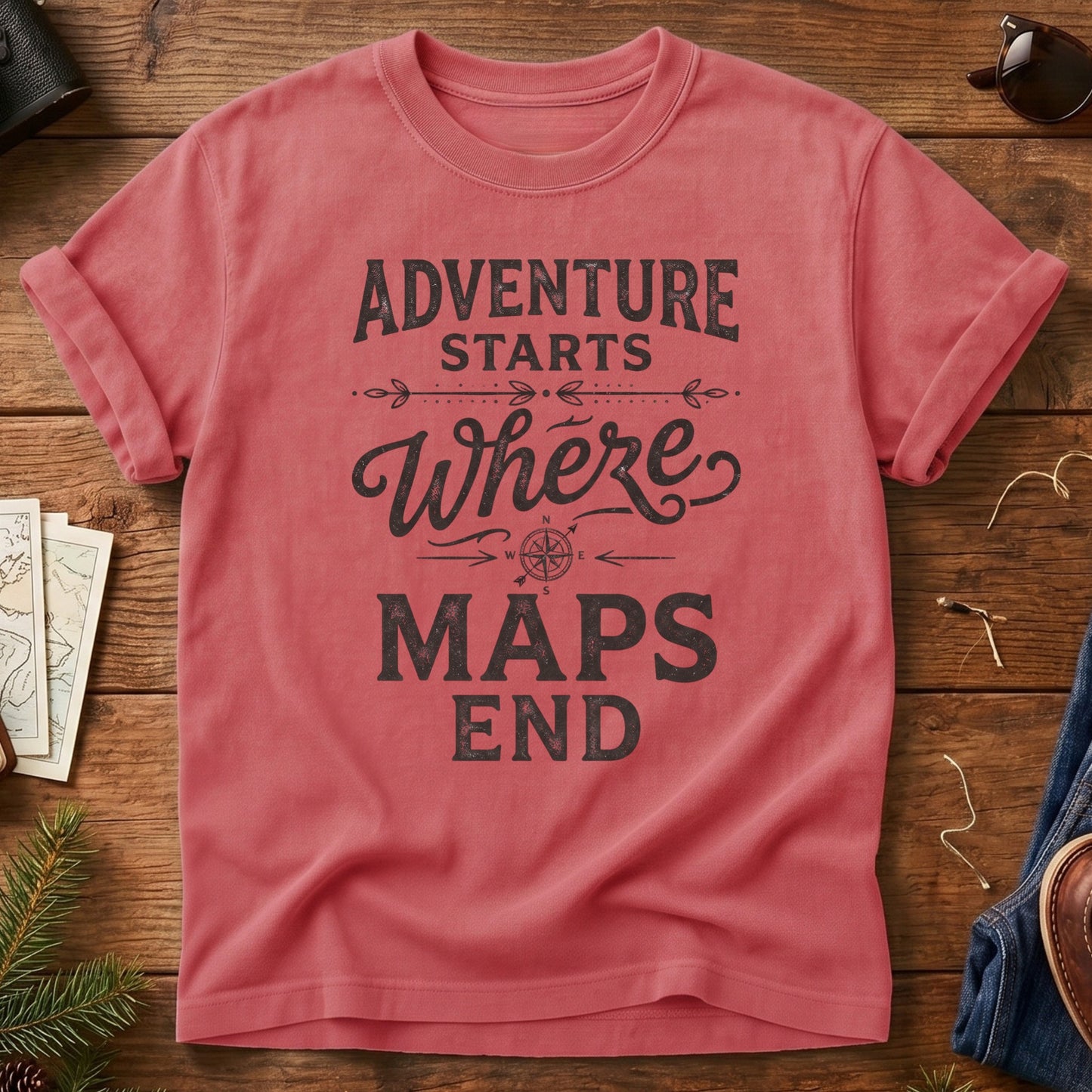 Adventure Starts Where The Maps End Tee – bold typography compass rose graphic close-up on Comfort Colors 1717 tee