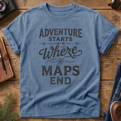 Adventure Starts Where The Maps End Tee – bold typography compass rose graphic on Comfort Colors 1717 tee, flat lay