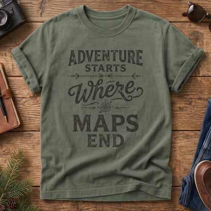 Adventure Starts Where The Maps End Tee – bold typography compass rose graphic on Comfort Colors 1717 tee, flat lay