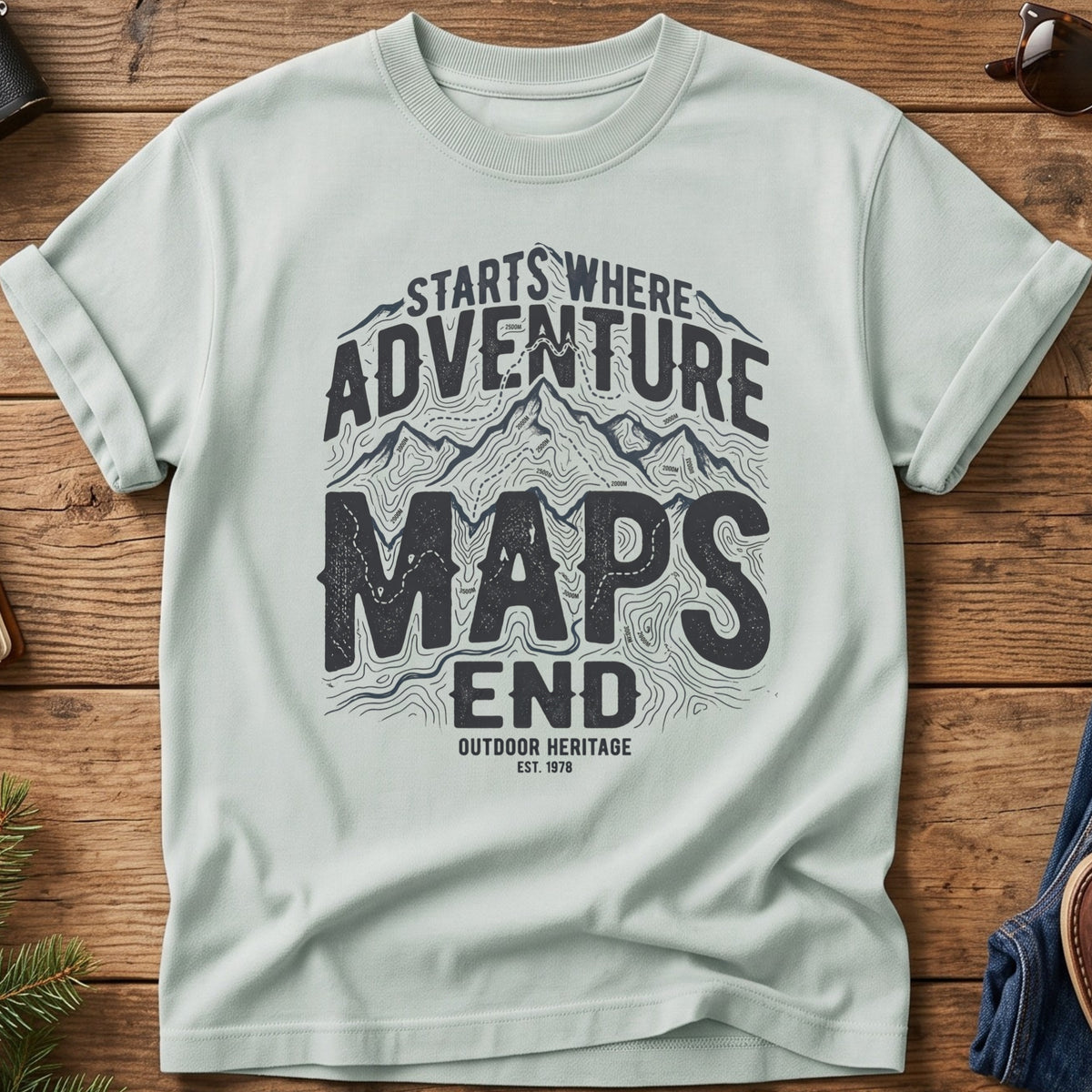 Adventure Starts Where Maps End Tee – graphic tee design close-up