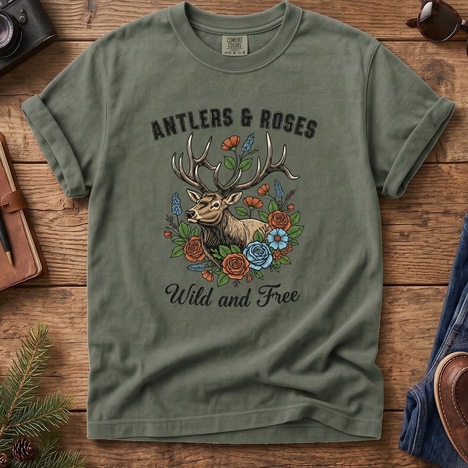 Antlers & Roses Wild & Free Tee – additional angle showing antlers and roses print