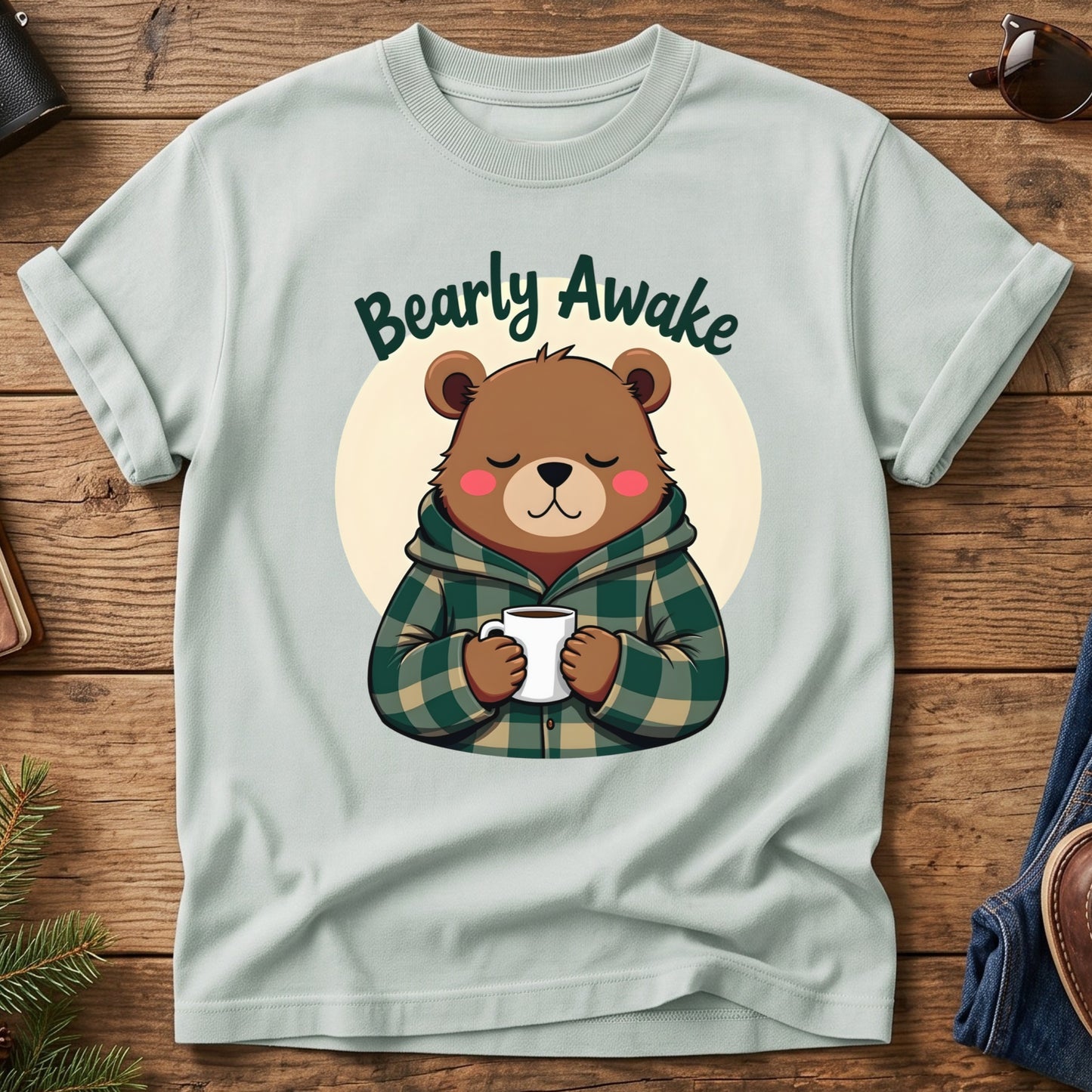Bearly Awake Tee in Bay — cozy bear cub with coffee mug graphic