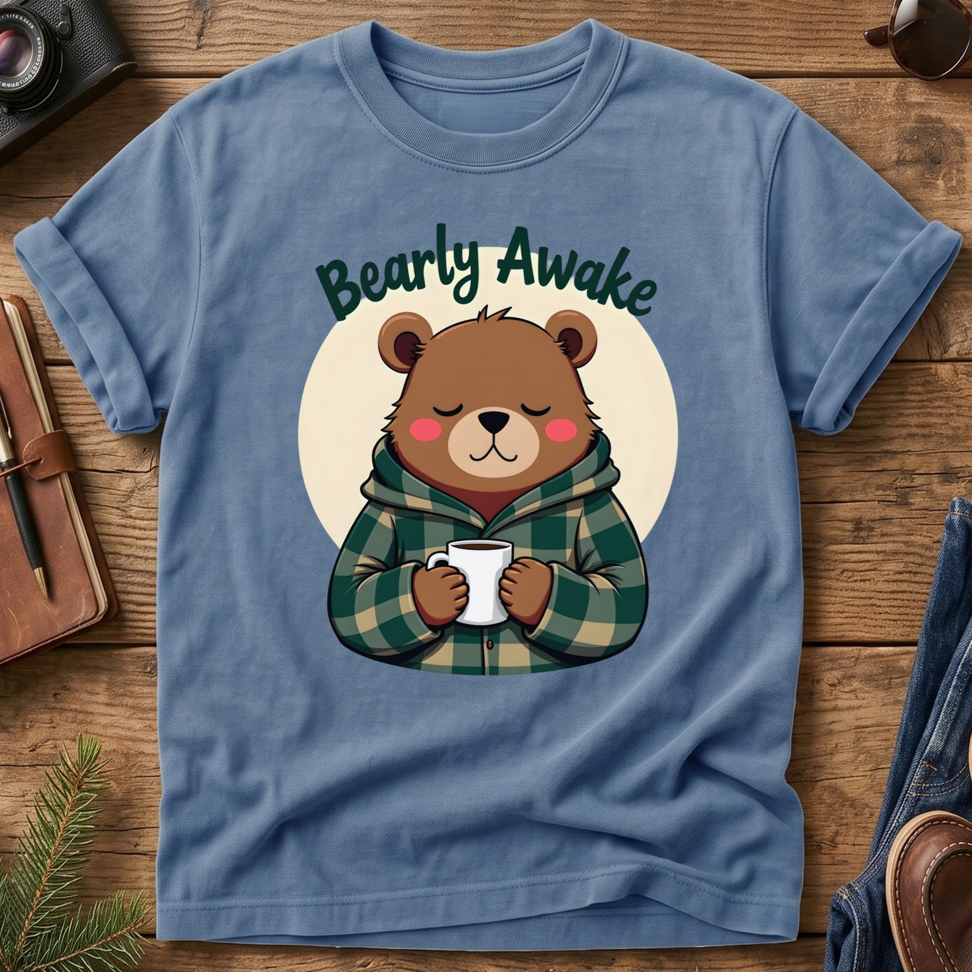 Bearly Awake Tee in Blue Jean — cozy bear cub with coffee mug graphic