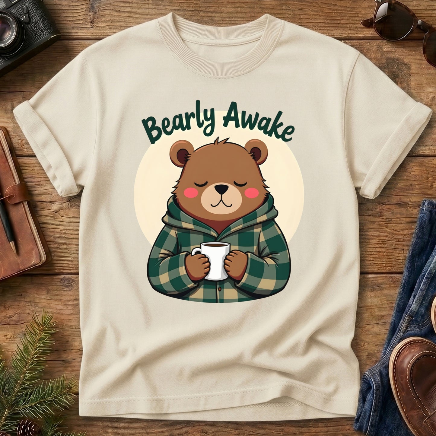 Bearly Awake Tee in Ivory — cozy bear cub with coffee mug graphic