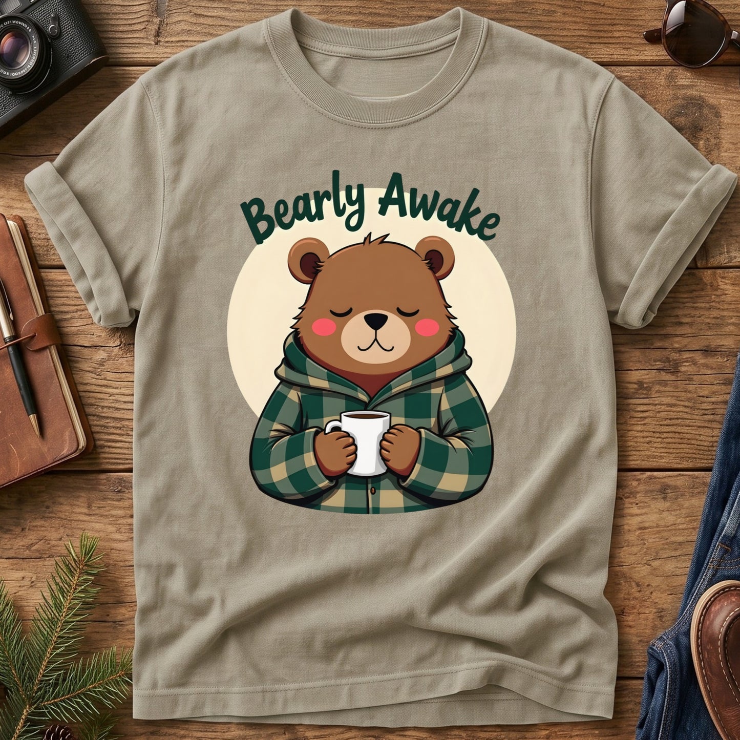 Bearly Awake Tee in Khaki — cozy bear cub with coffee mug graphic