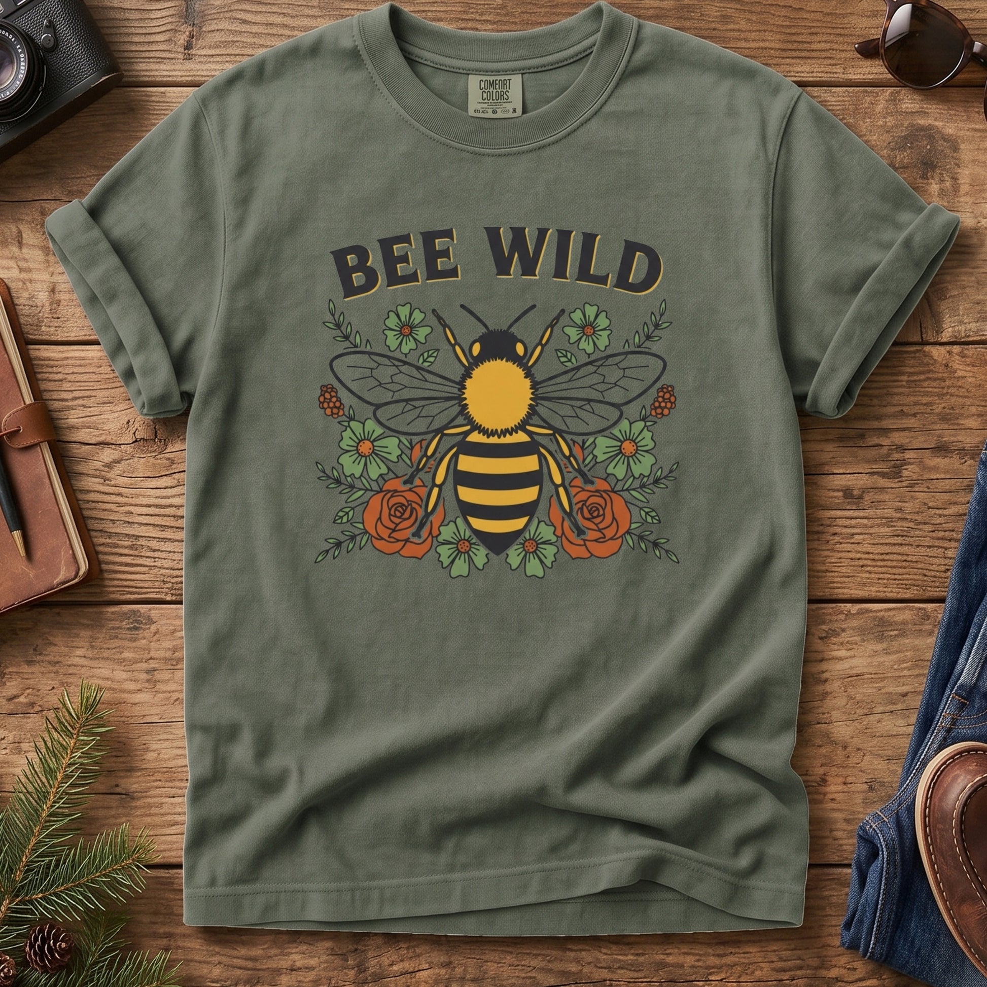Bee Wild Tee – close-up of bee wild artwork