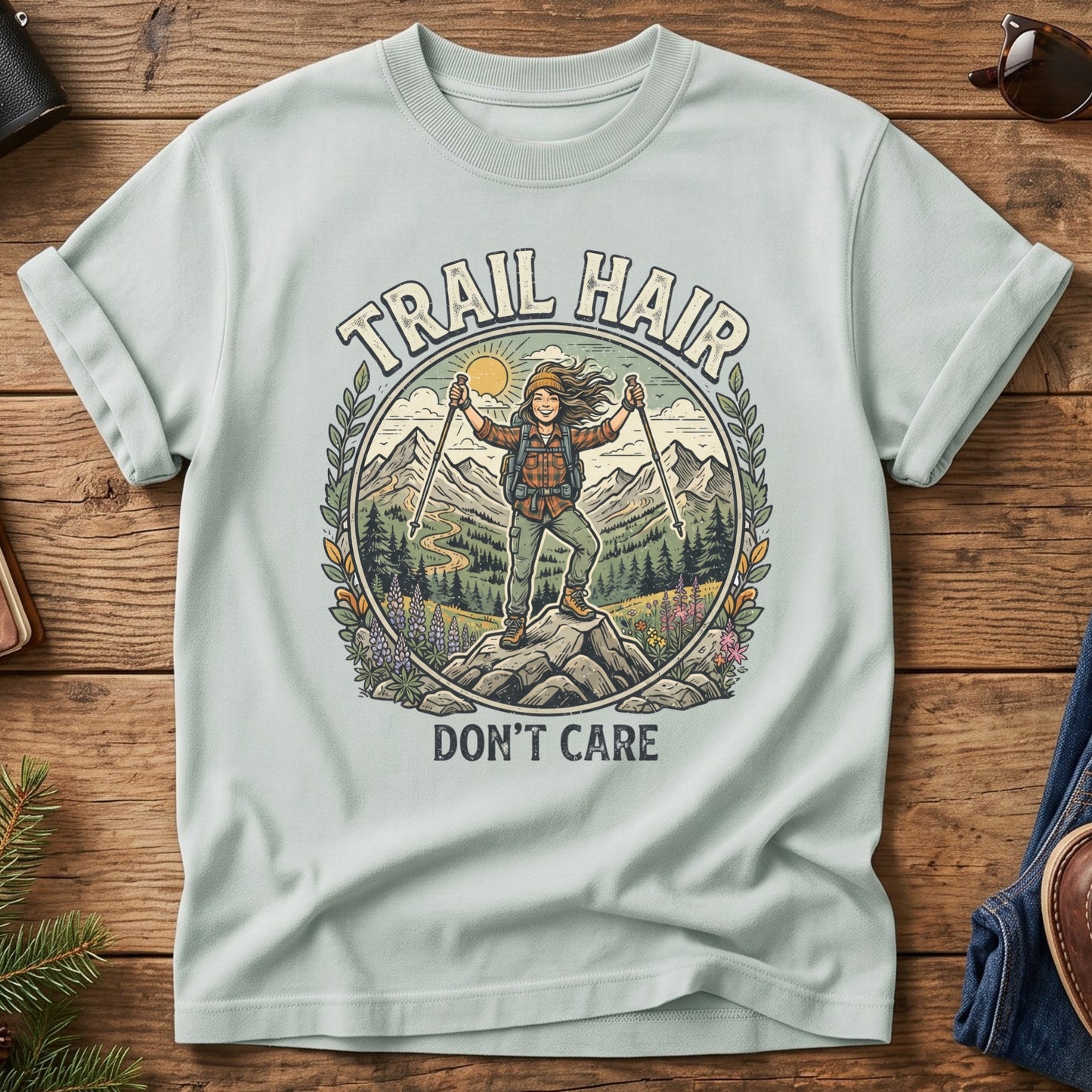 Trail Hair Tee – hiker on wildflower summit with Trail Hair Don't Care graphic on Comfort Colors 1717 tee, flat lay