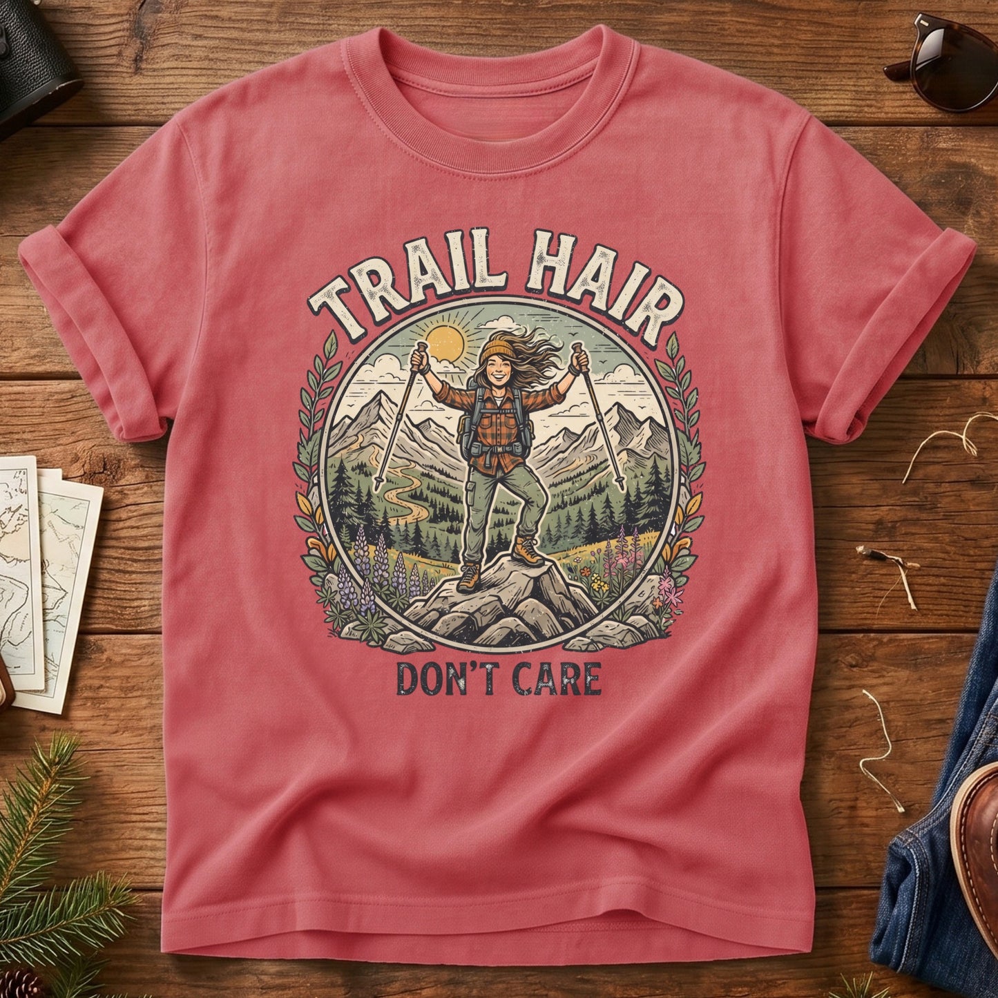 Trail Hair Tee – hiker on wildflower summit with Trail Hair Don't Care graphic on Comfort Colors 1717 tee, flat lay