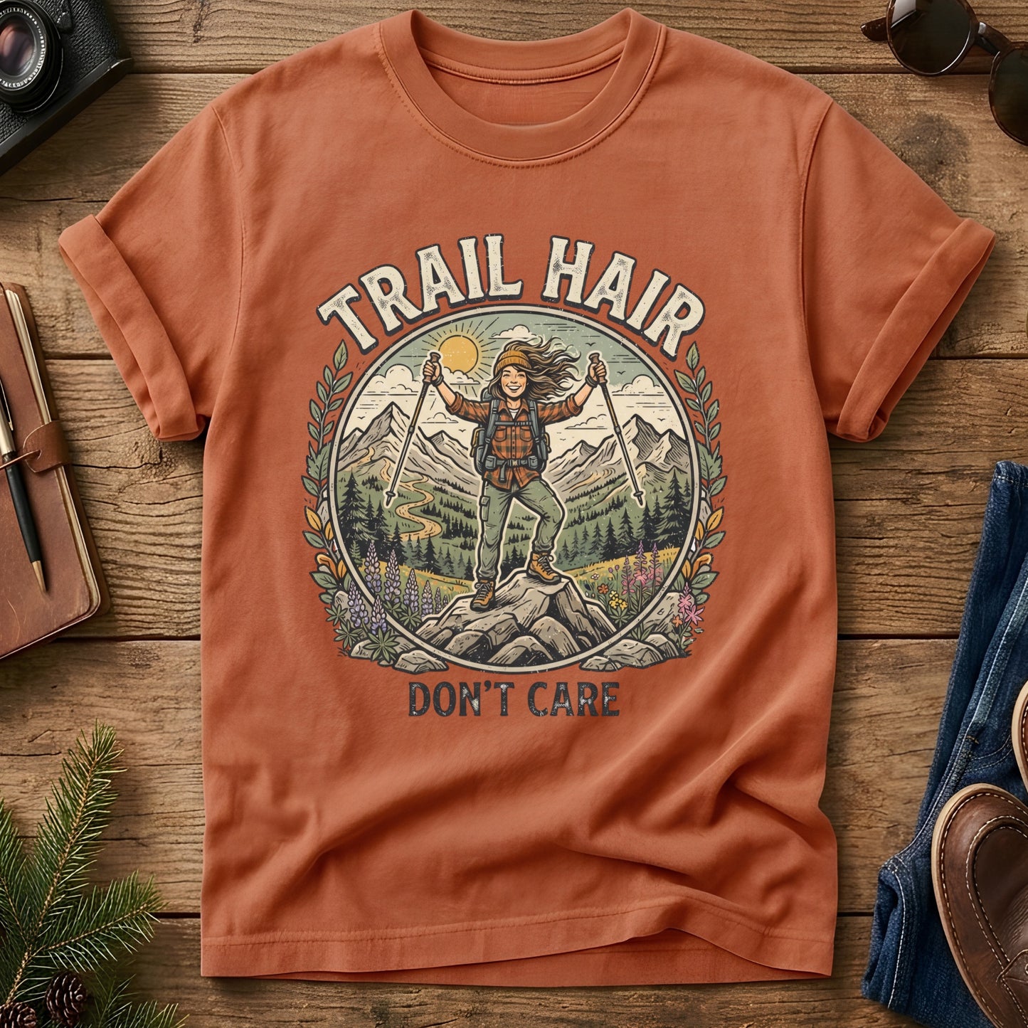 Trail Hair Tee – hiker on wildflower summit with Trail Hair Don't Care graphic on Comfort Colors 1717 tee, flat lay