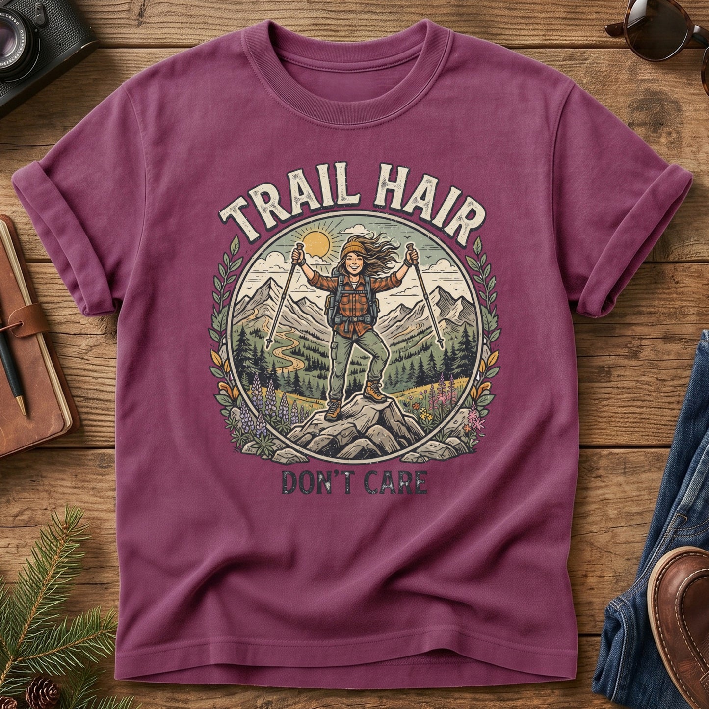 Trail Hair Tee – Berry flat lay, hiker on wildflower summit with Trail Hair Don't Care graphic