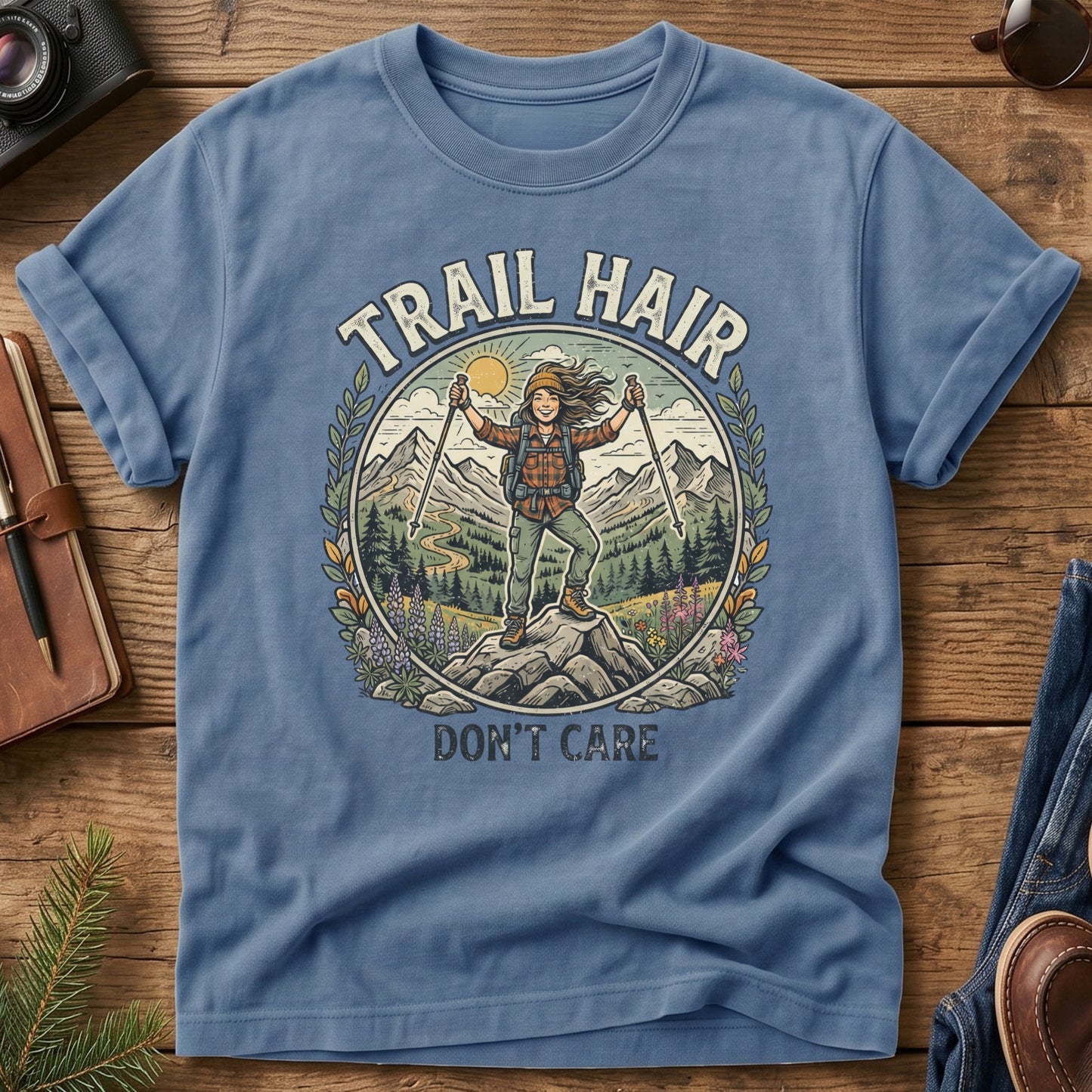 Trail Hair Tee – hiker on wildflower summit with Trail Hair Don't Care graphic on Comfort Colors 1717 tee, flat lay